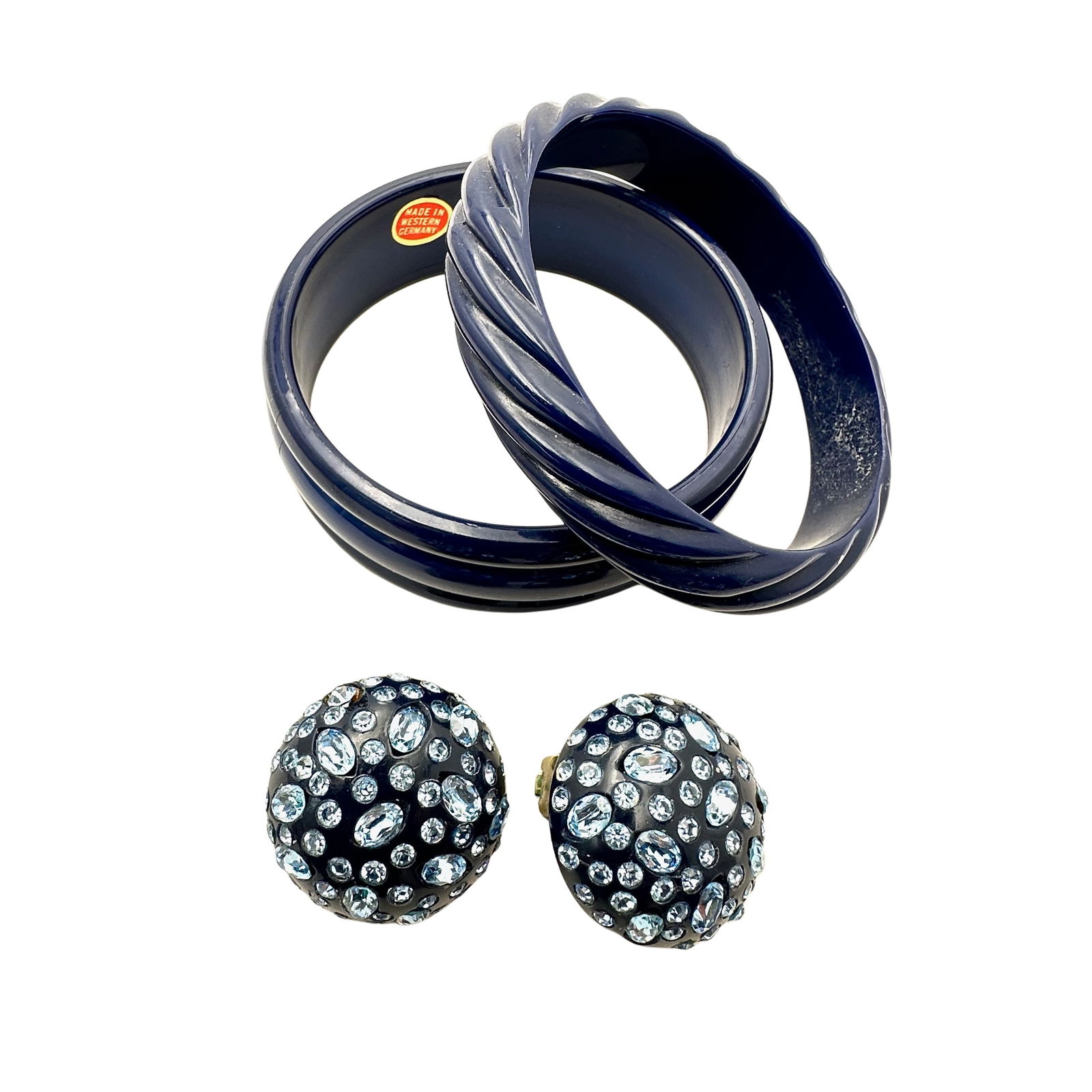 Vintage Blue Lucite Bangles and Crystal Clip Earrings: Vintage Blue Lucite Bangles and Crystal Clip Earrings