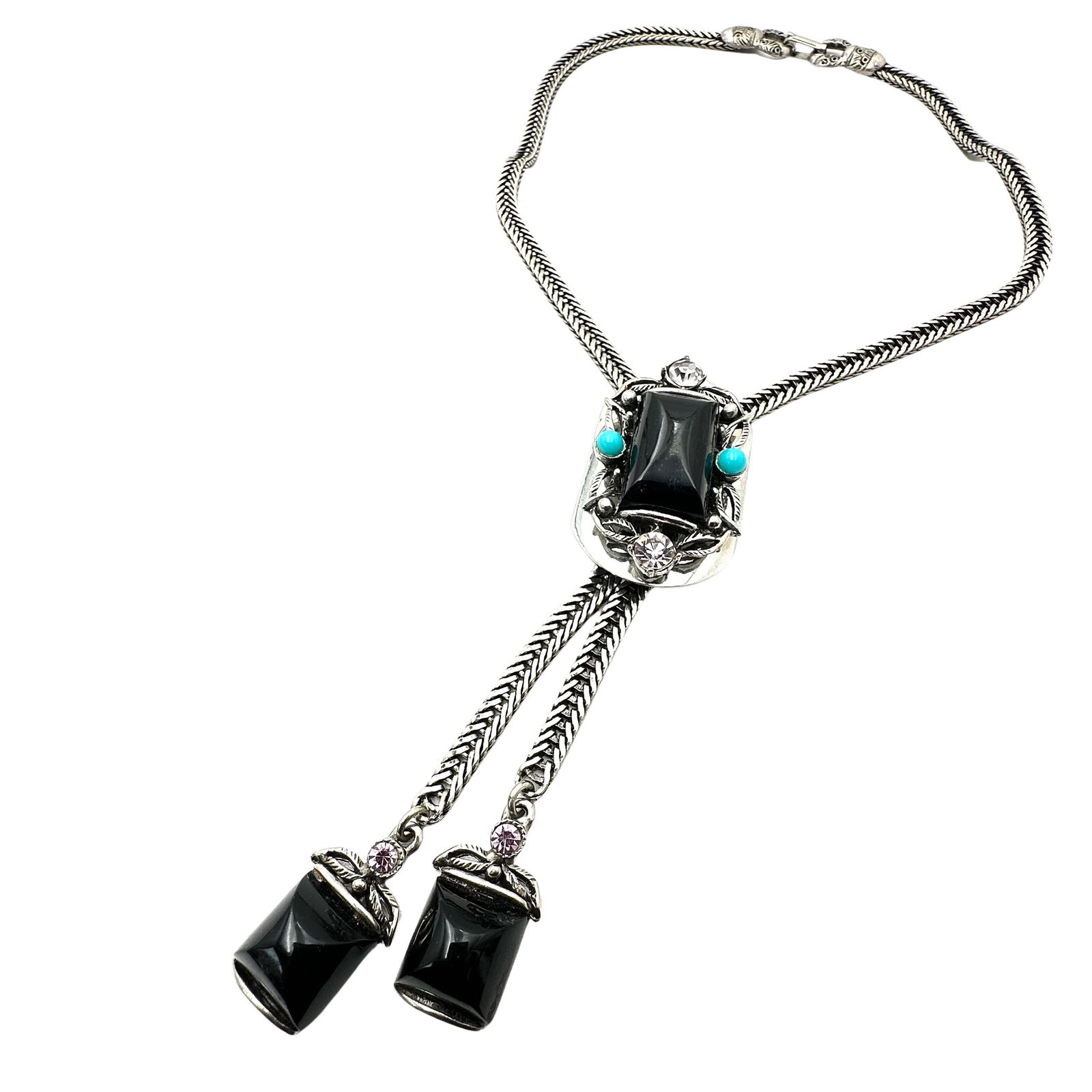 Vintage Unsigned Selro Selini Silver Tone Black Blue Clear Rhinestone Lariat Necklace Adjustable (1 of 2)