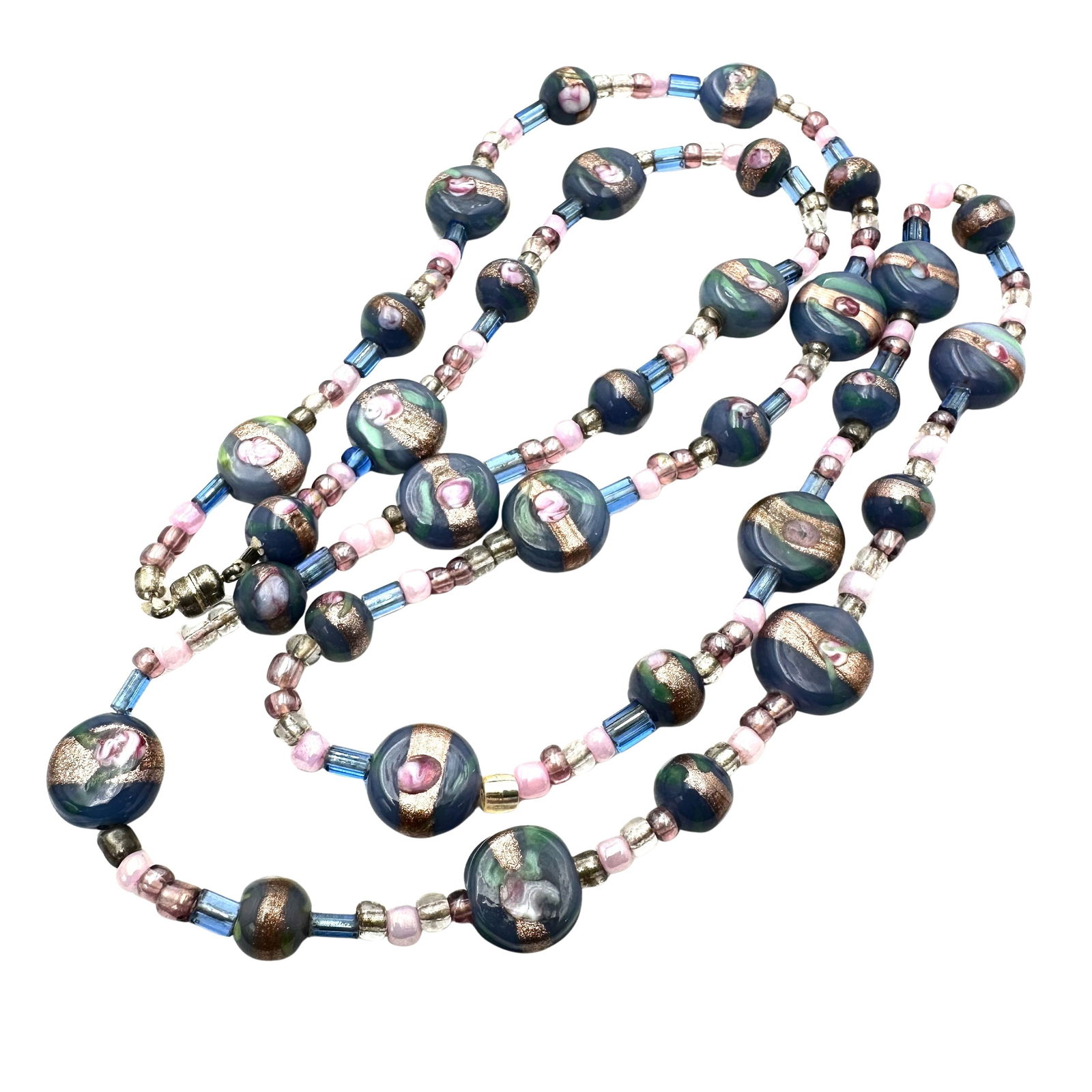 Antique Wedding Cake Glass Bead Necklace 34 Inch Length Flapper Era Vintage Blue Pink: Antique Wedding Cake Glass Bead Necklace 34 Inch Length Flapper Era Vintage Blue Pink