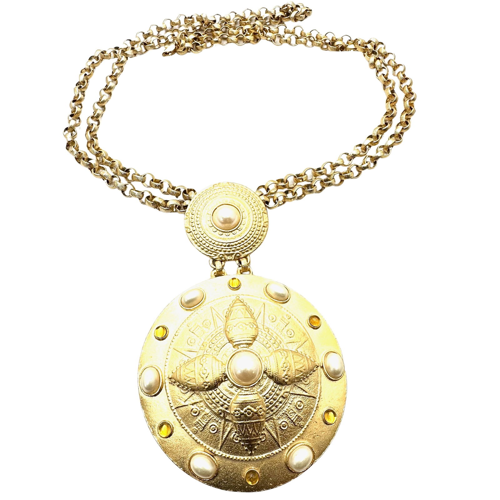 Vintage Matte Gold Tone Amber Rhinestone Faux Pearl Huge Medallion Statement Necklace 20 Inch (1 of 2)