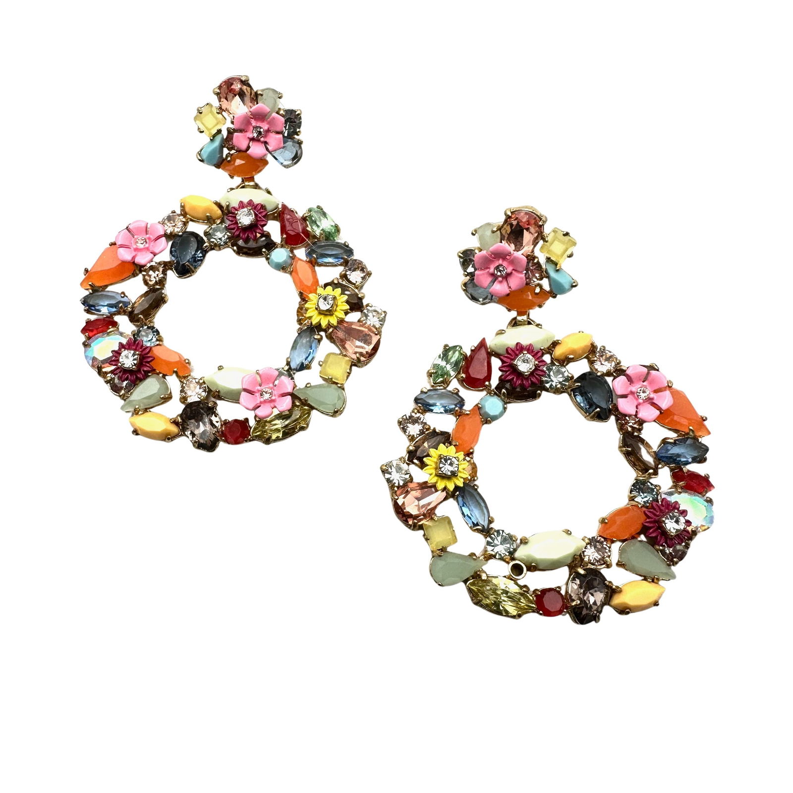 Multicolor Glass Rhinestone Gold Tone Pierced Statement Earrings 2.5 Inch: Multicolor Glass Rhinestone Gold Tone Pierced Statement Earrings 2.5 Inch