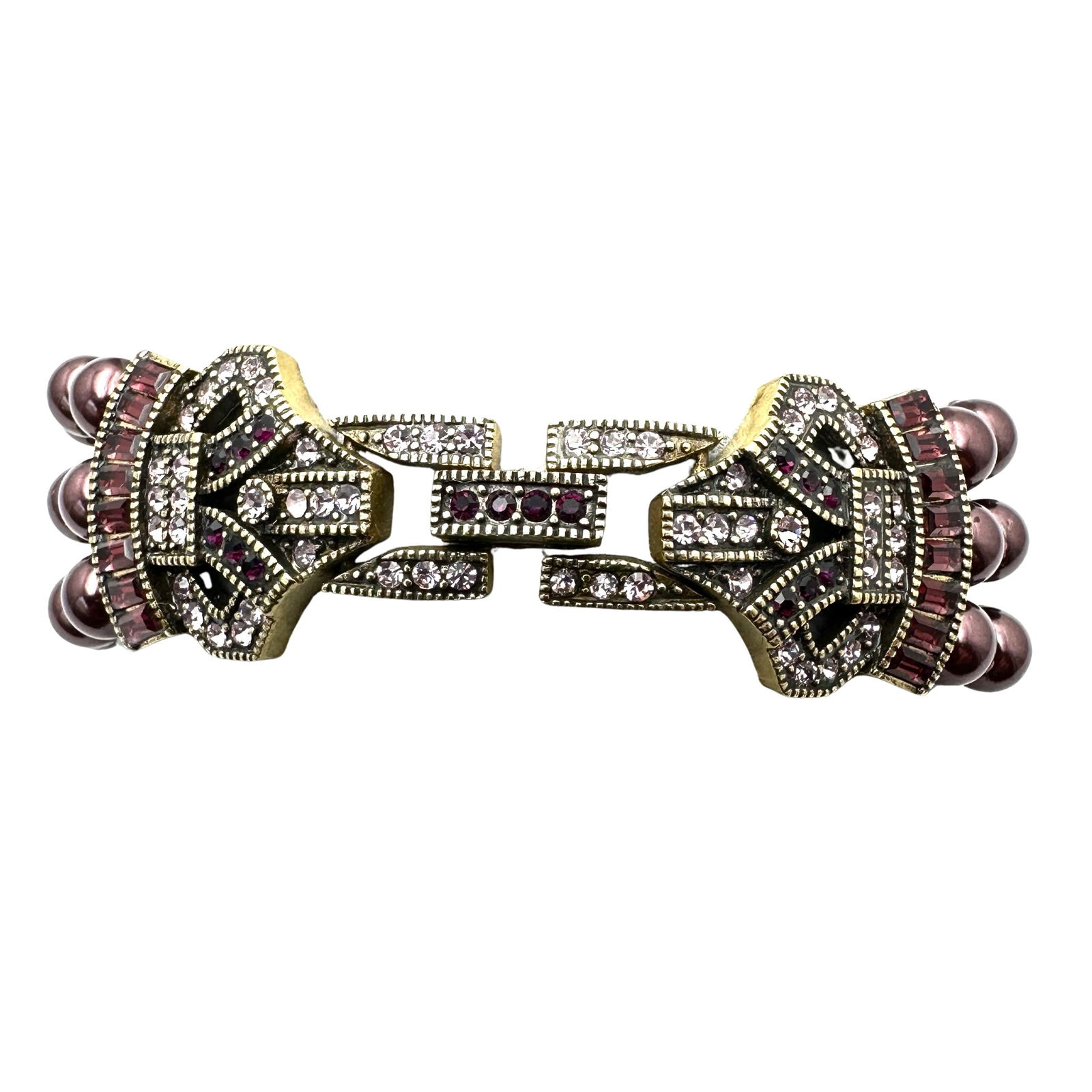 Heidi Daus Purple Pink Glass Bead & Crystal Antiqued Gold Tone Bracelet 7 Inch (1 of 2)