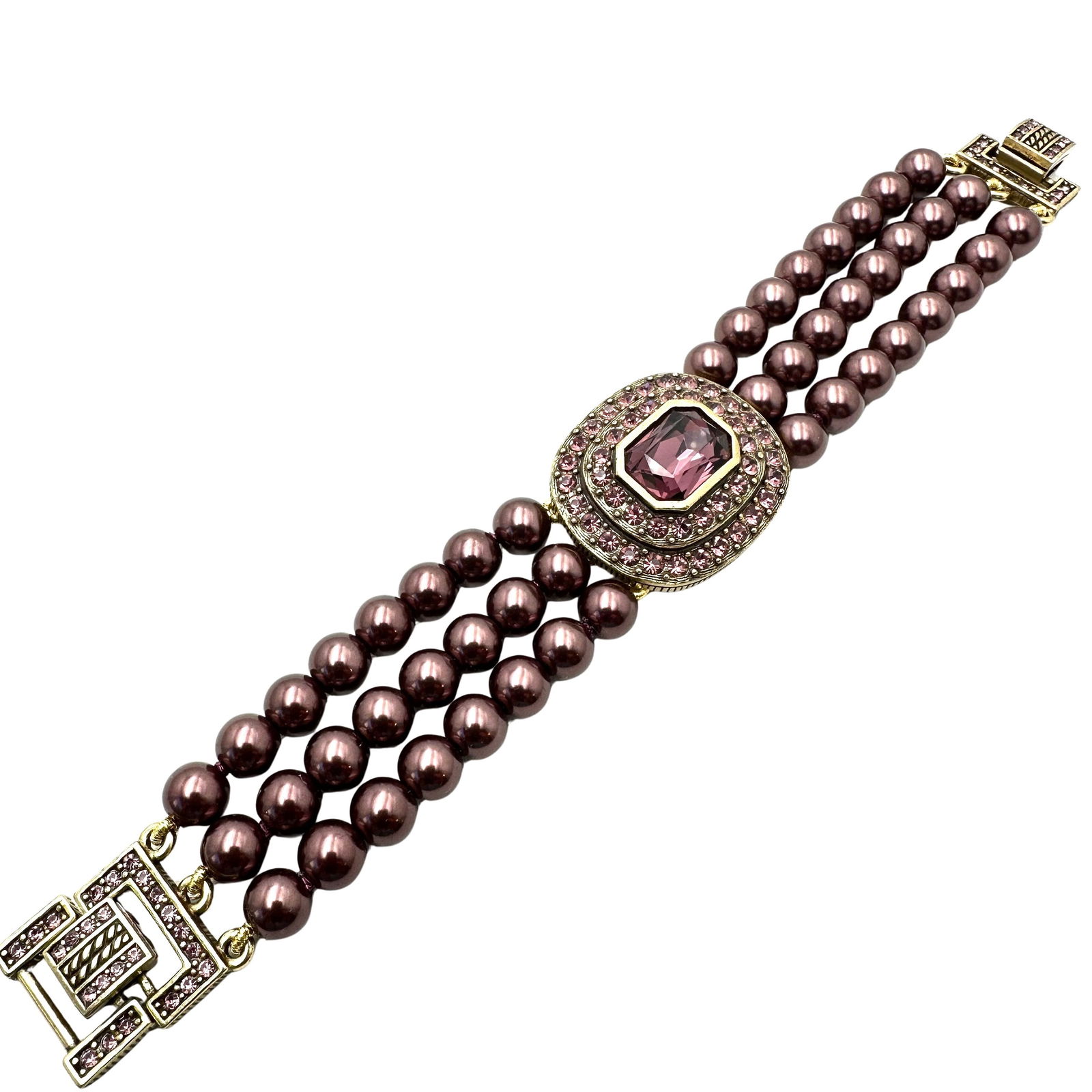 Heidi Daus Purple Pink Glass Bead & Crystal Antiqued Gold Tone Bracelet 7 Inch (1 of 3)