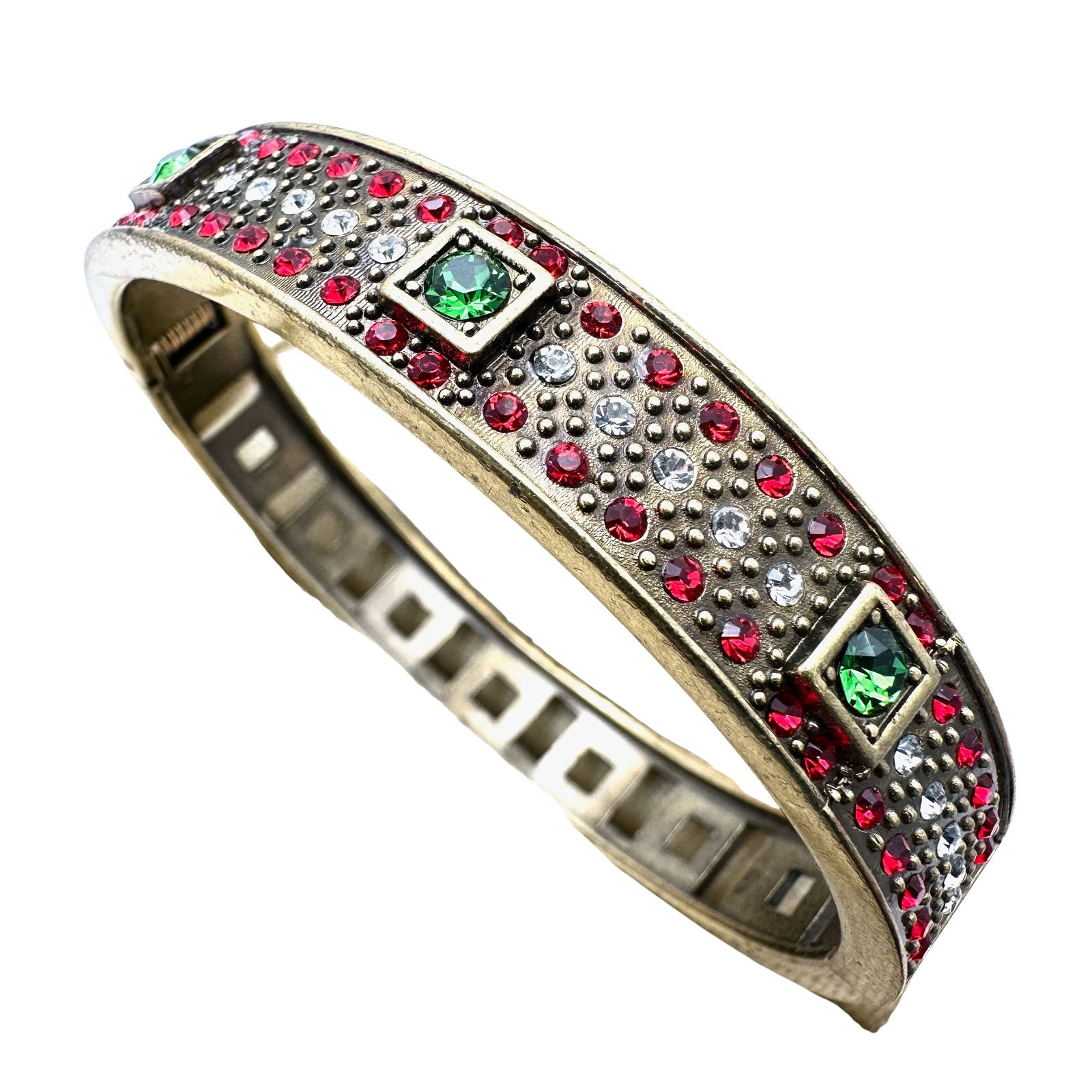 Heidi Daus Green Red Clear Crystal Antiqued Bronze Tone Hinged Bangle Bracelet 7 1/4 Inch (1 of 2)