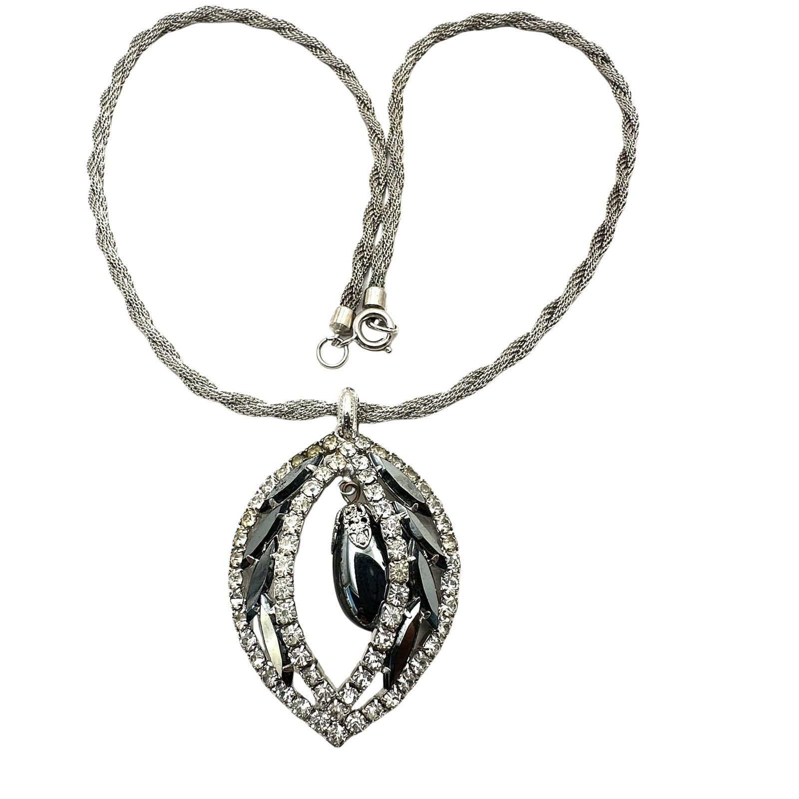 Vintage Black & Clear Glass Rhinestone Silver Tone Pendant Necklace 22 Inch: Vintage Black & Clear Glass Rhinestone Silver Tone Pendant Necklace 22 Inch