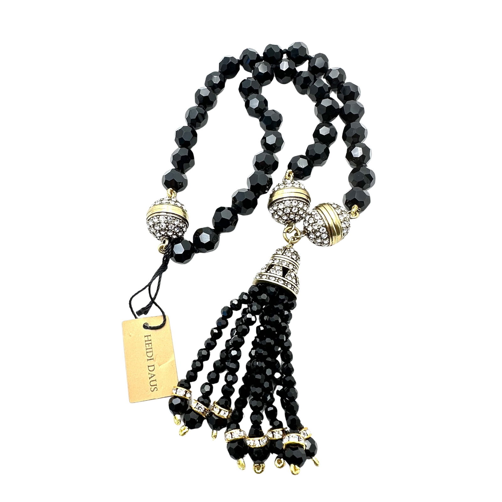 Heidi Daus Clear Crystal Black Glass Bead Tassel Pendant Bronze Tone Necklace 16 Inch Original Tag: Heidi Daus Clear Crystal Black Glass Bead Tassel Pendant Bronze Tone Necklace 16 Inch Original Tag Attached