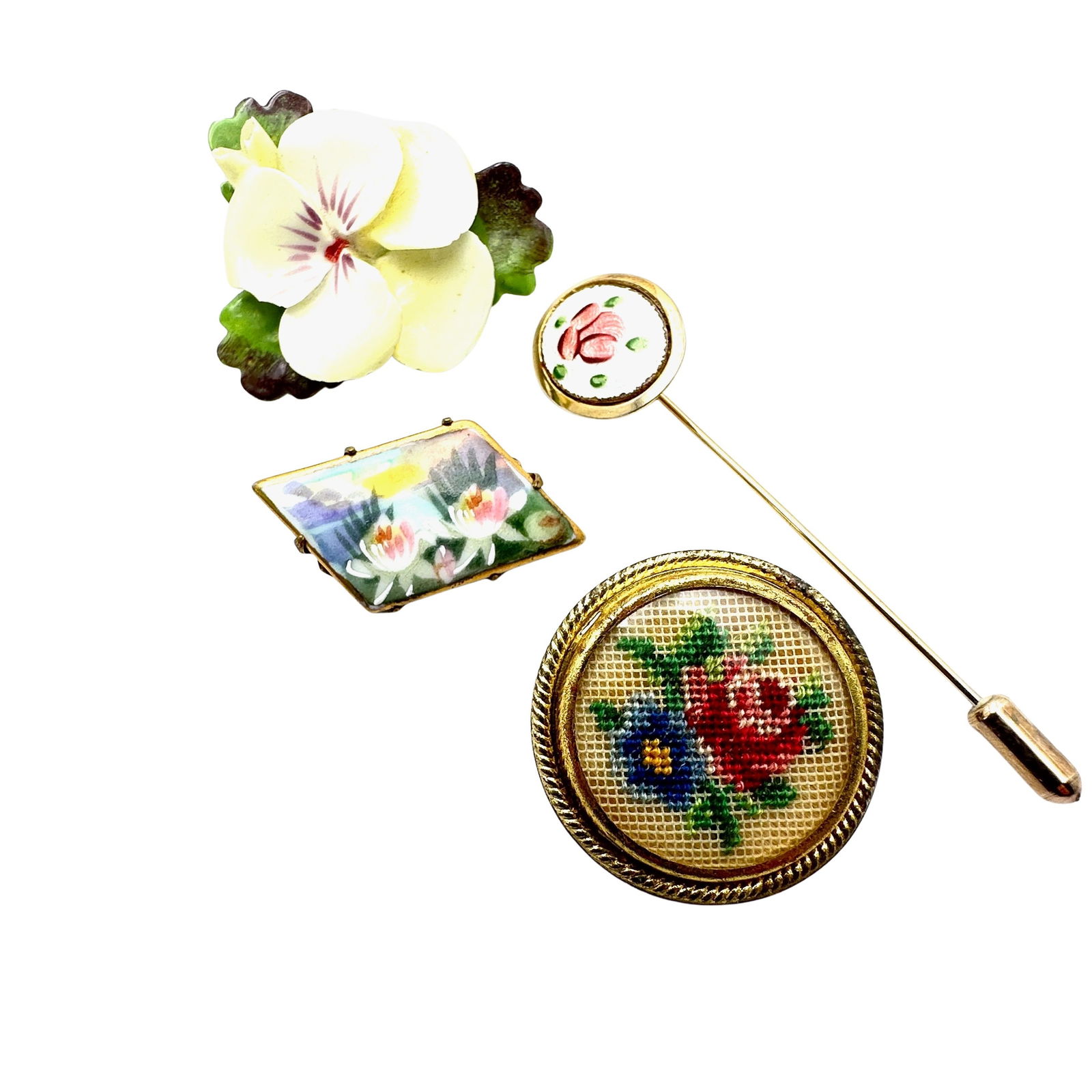 Antique Vintage Lot of Brooches Pins Porcelain Guilloche Hand Stitched: Antique Vintage Lot of Brooches Pins Porcelain Guilloche Hand Stitched
