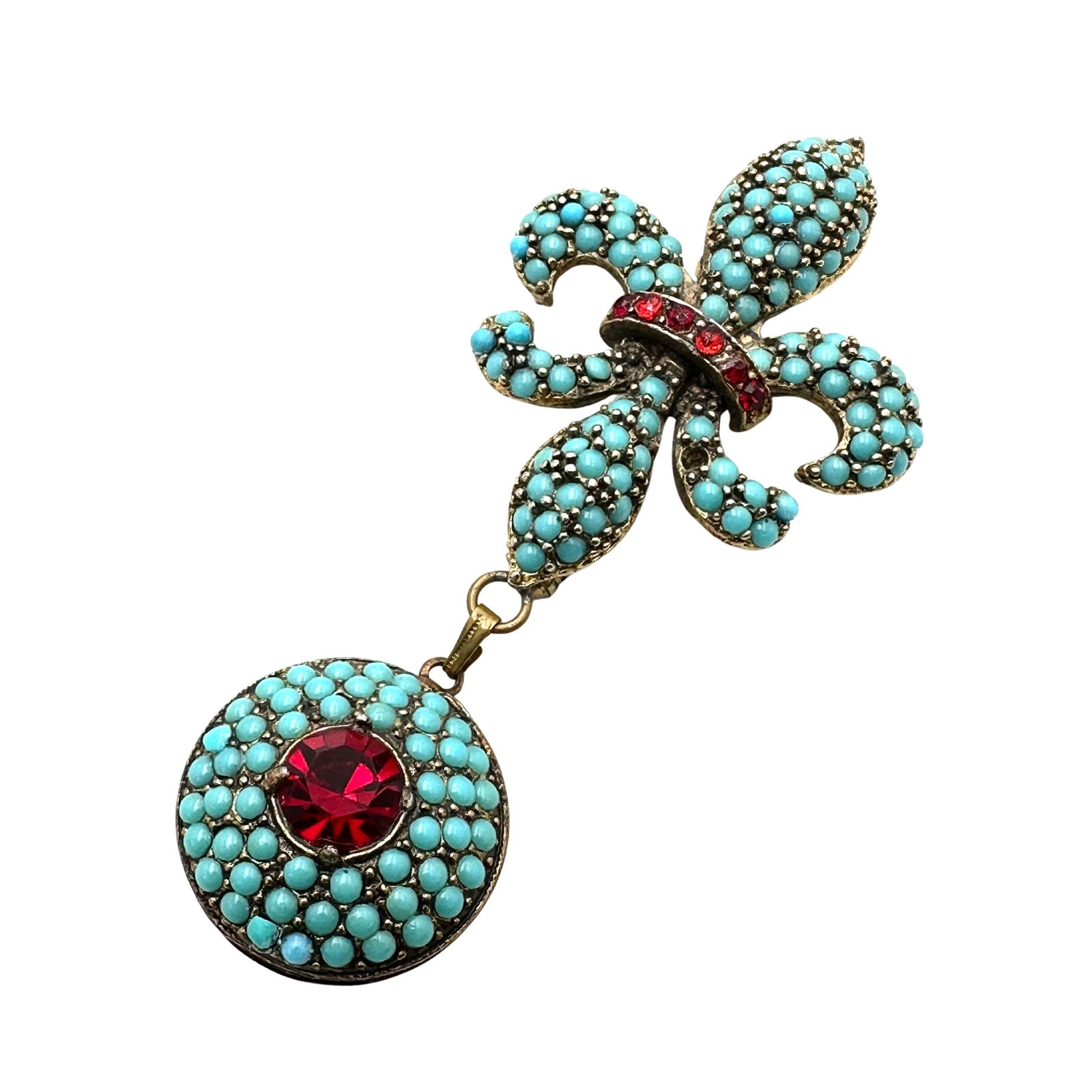 Vintage Turquoise Blue and Red Glass Stone Antiqued Gold Tone Brooch pin 3 Inch: Vintage Turquoise Blue and Red Glass Stone Antiqued Gold Tone Brooch pin 3 Inch