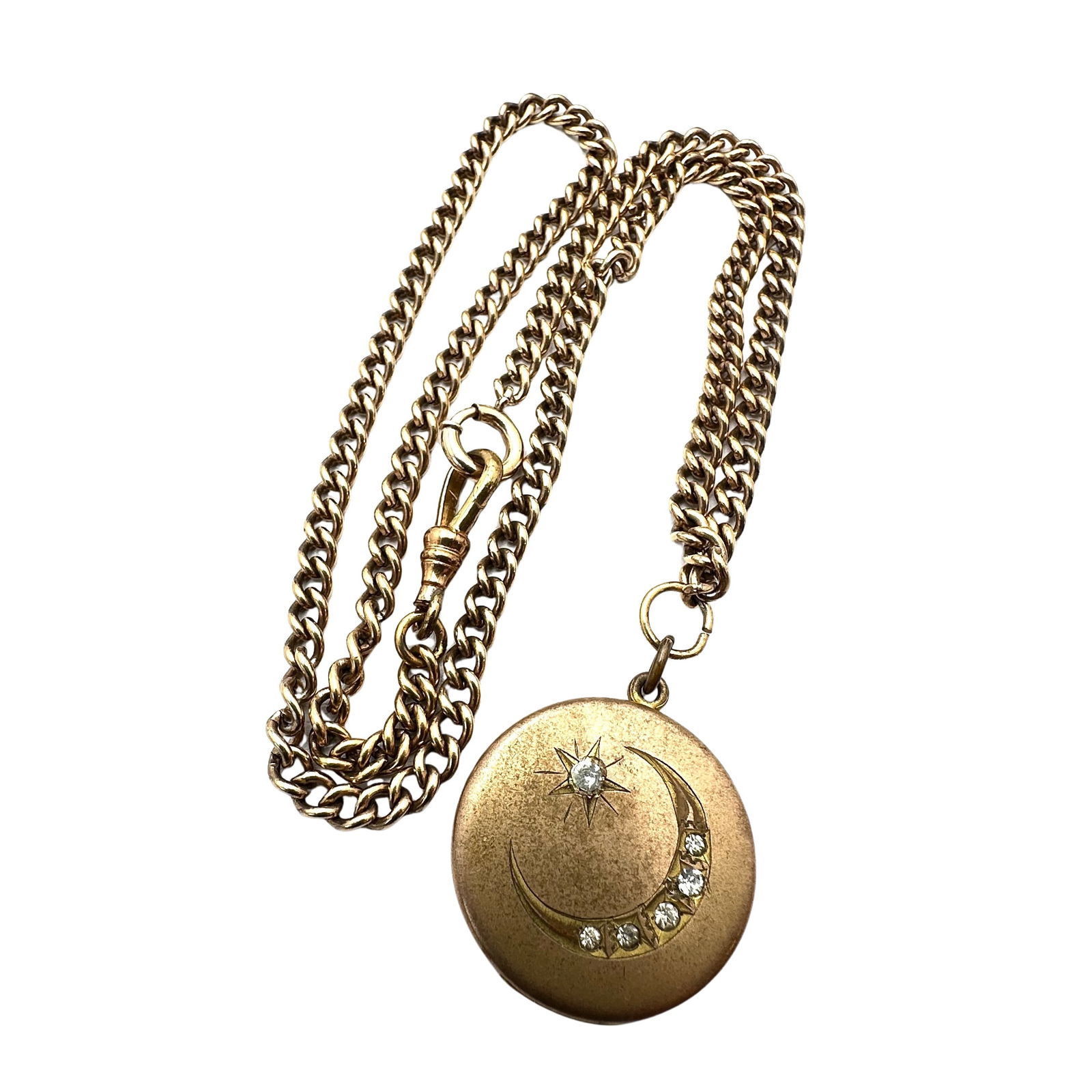 Antique Victorian Clear Stone Moon Picture Locket Pendant on Gold Filled Watch Chain 20 Inch 28 (1 of 2)