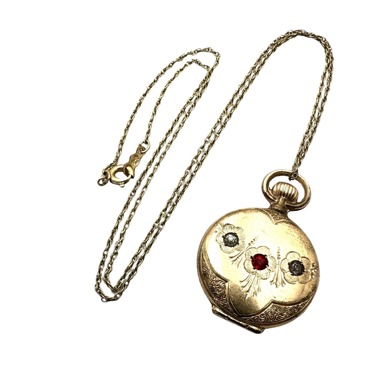 Antique Gold Filled Crystal "pocket watch' Design Picture Pendant Necklace 18 Inch Chain 11 Grams: Antique Gold Filled Crystal "pocket watch' Design Picture Pendant Necklace 18 Inch Chain 11 Grams