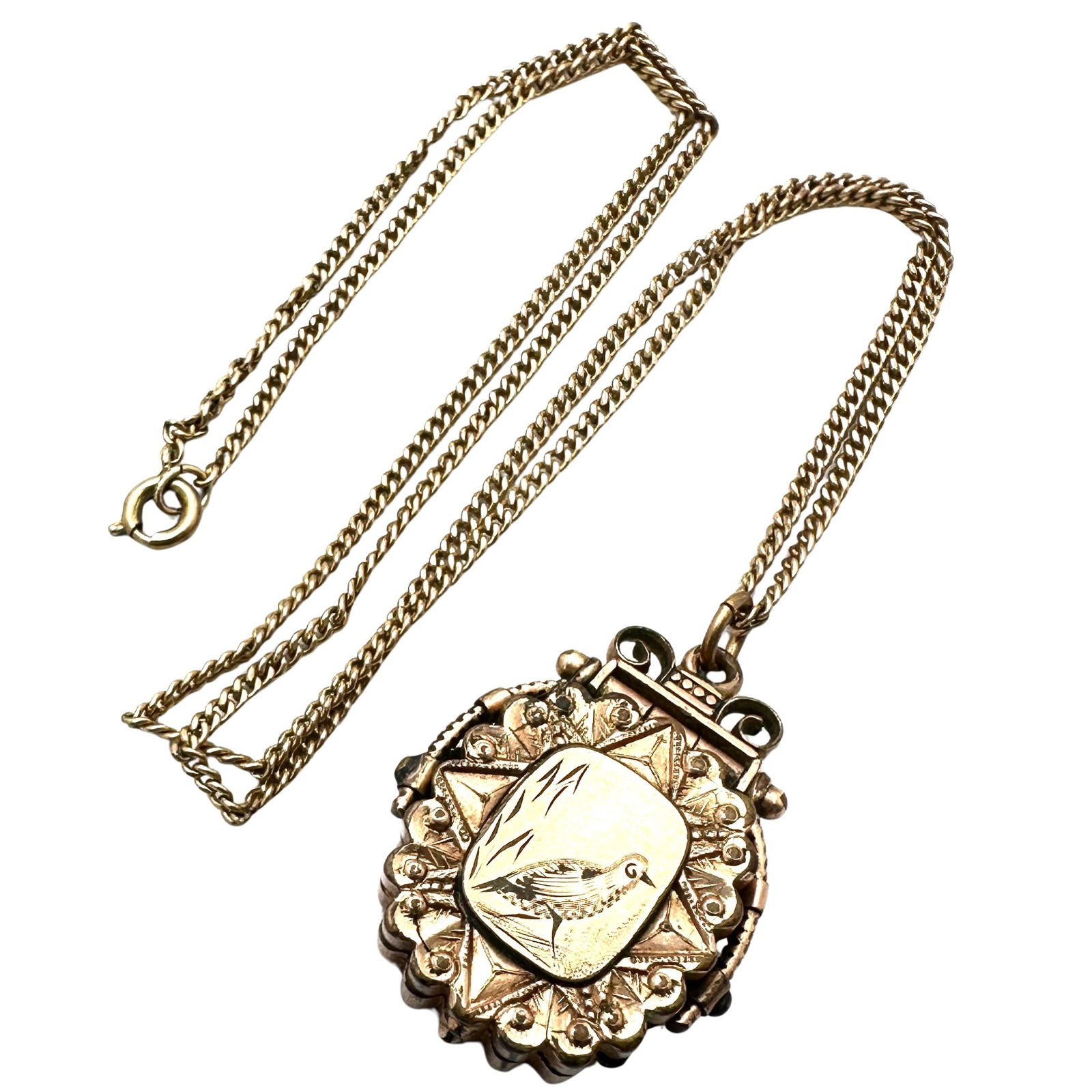Antique Gold Filled Bird Design Picture Locket Pendant Necklace 18 Inch Chain 11 Grams (1 of 3)