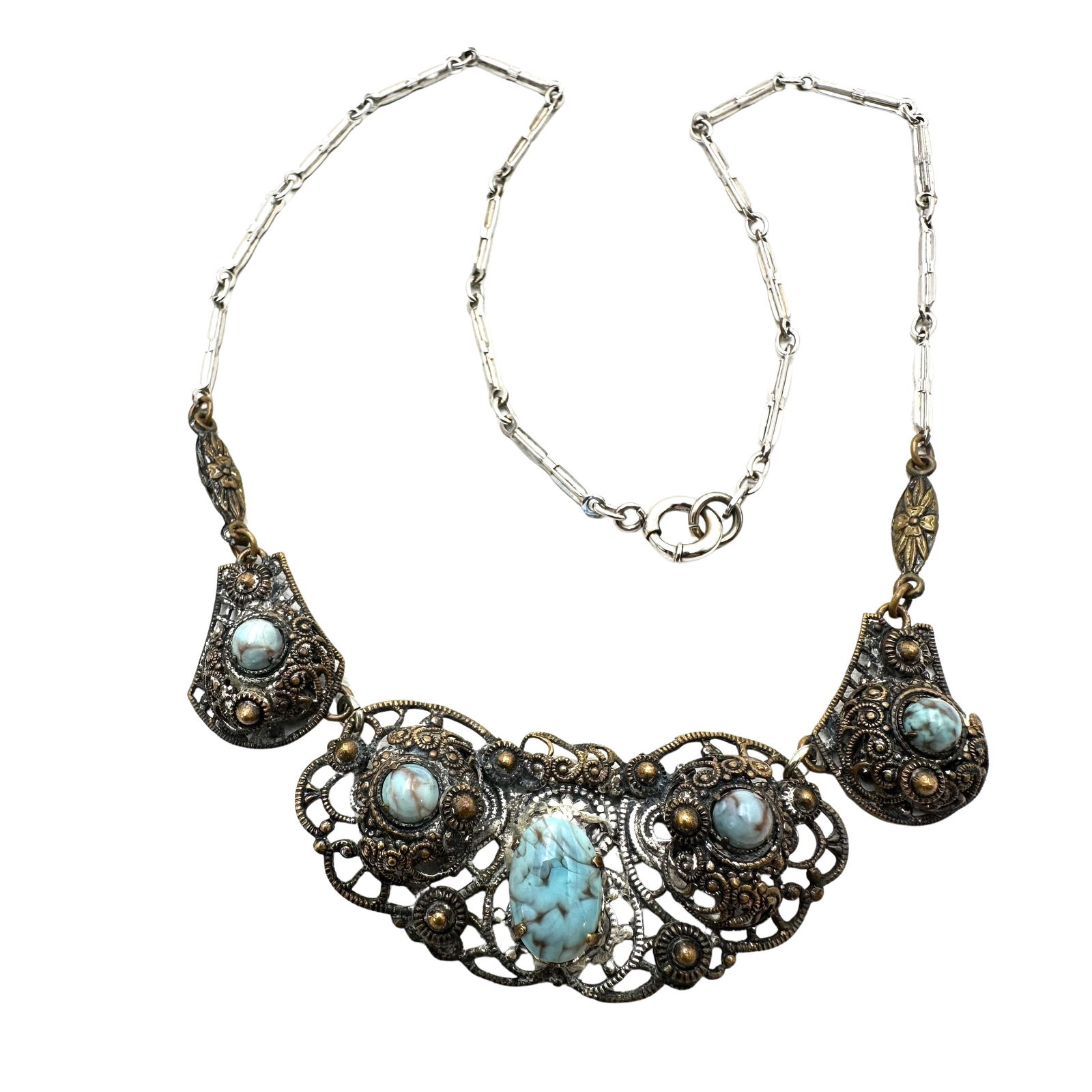 Antique Blue Speckled Glass Filigree Necklace 15 Inch: Antique Blue Speckled Glass Filigree Necklace 15 Inch