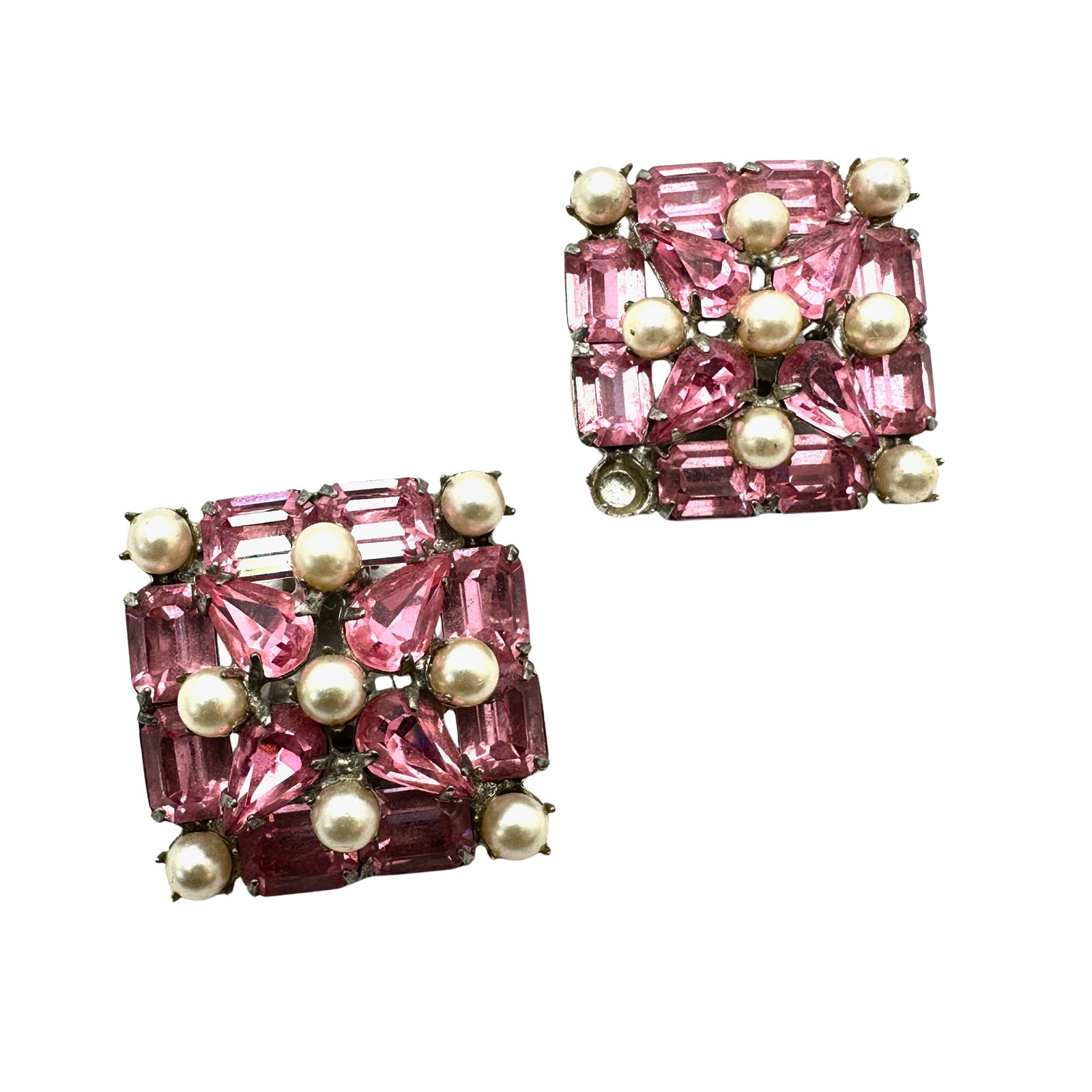 Vintage High End Pink Glass Rhinestone Faux Pearl Silver Tone Clip Earrings: Vintage High End Pink Glass Rhinestone Faux Pearl Silver Tone Clip Earrings