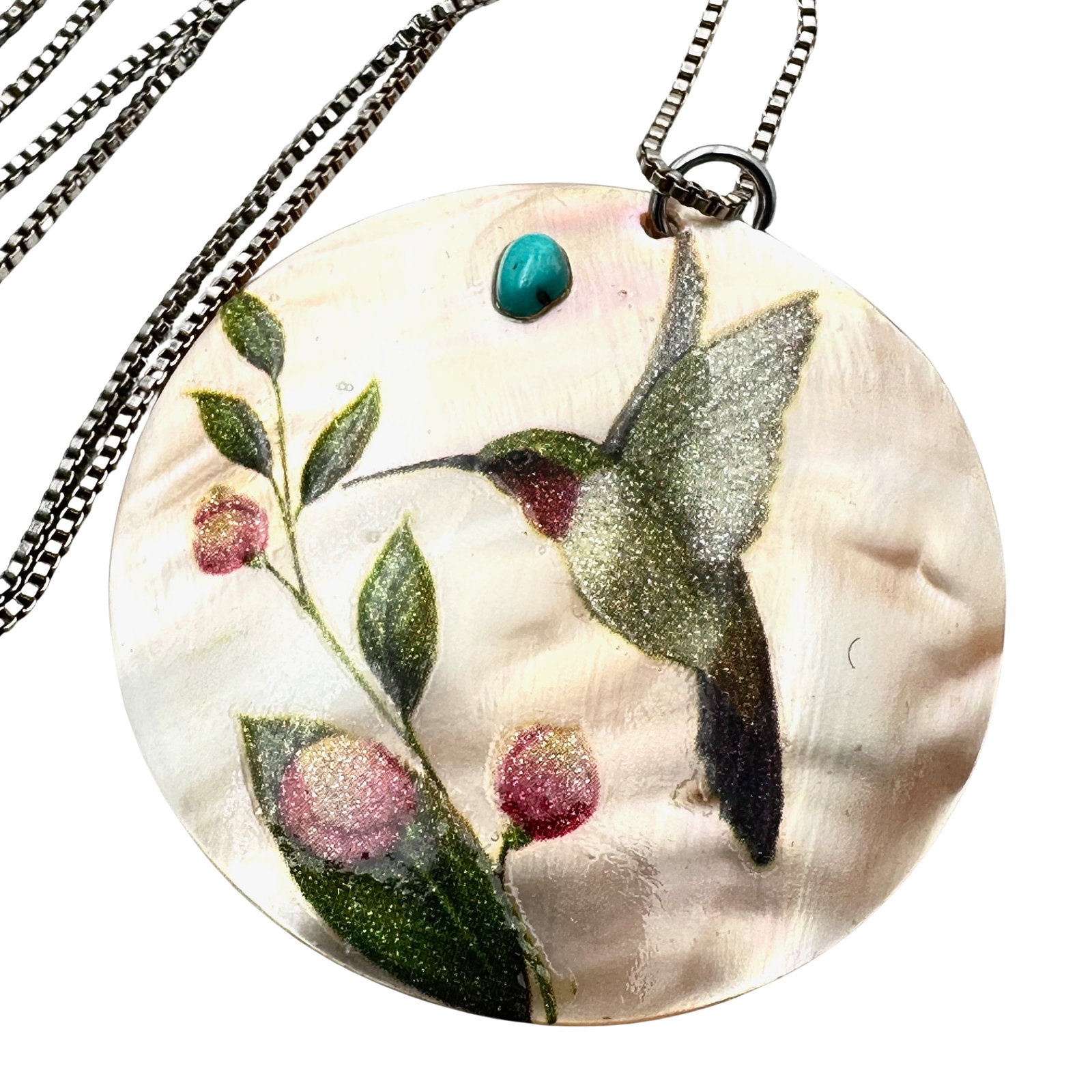 Vintage Delicate Mother of Pearl Hummingbird Turquoise Stone Pendant Necklace 22 Inch Chain: Vintage Delicate Mother of Pearl Hummingbird Turquoise Stone Pendant Necklace 22 Inch Chain