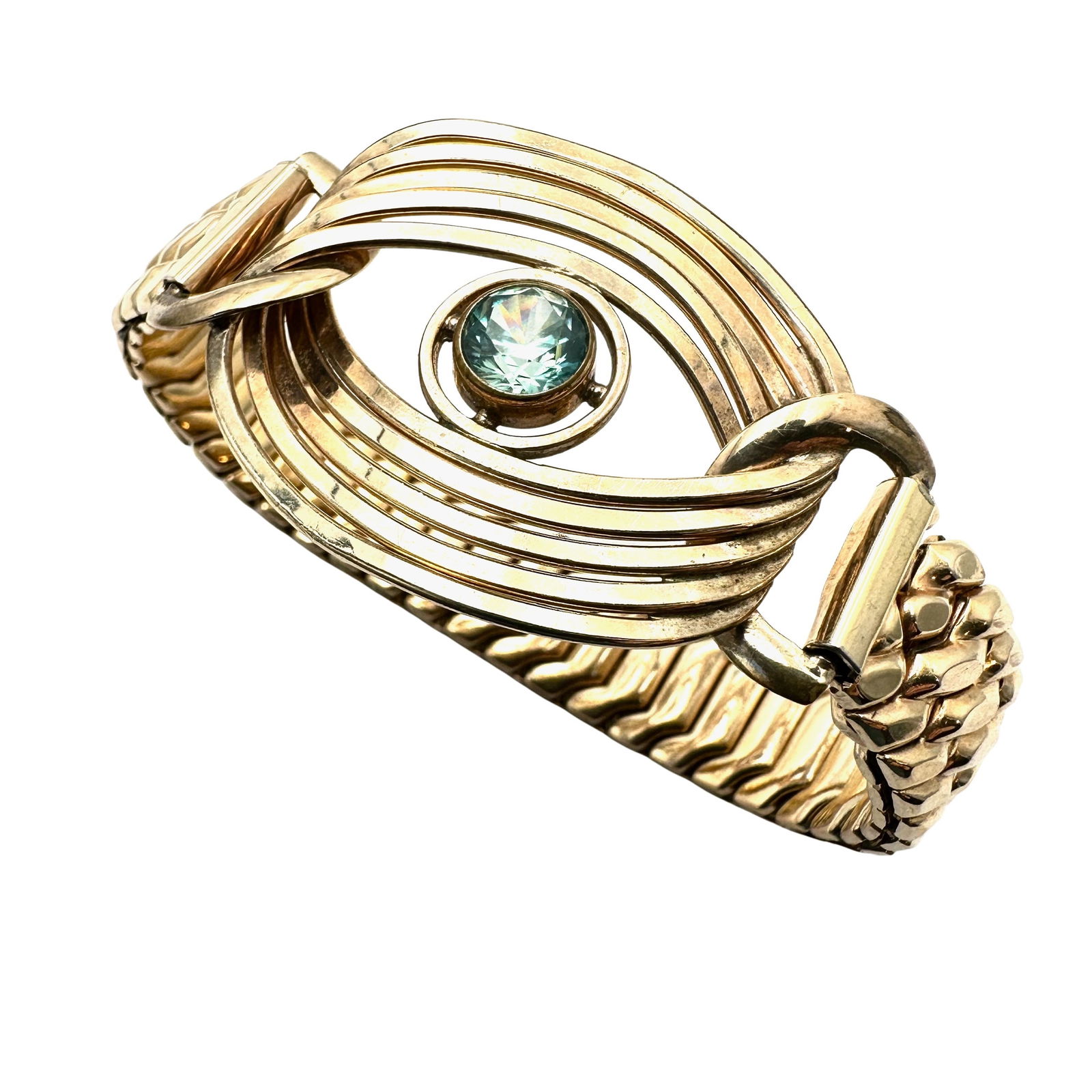 Antique Blue Topaz Gemstone 12K Gold Filled Expandable Bracelet 27 Grams Unique Design (1 of 2)