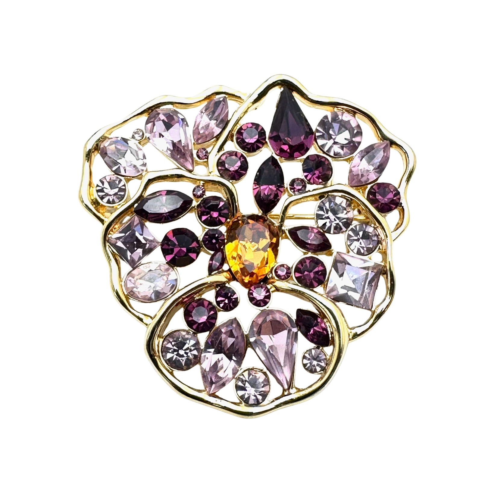 Vintage Nolan Miller Purple Rhinestone Pansy Flower Gold Tone Brooch Pin 2 Inch (1 of 2)