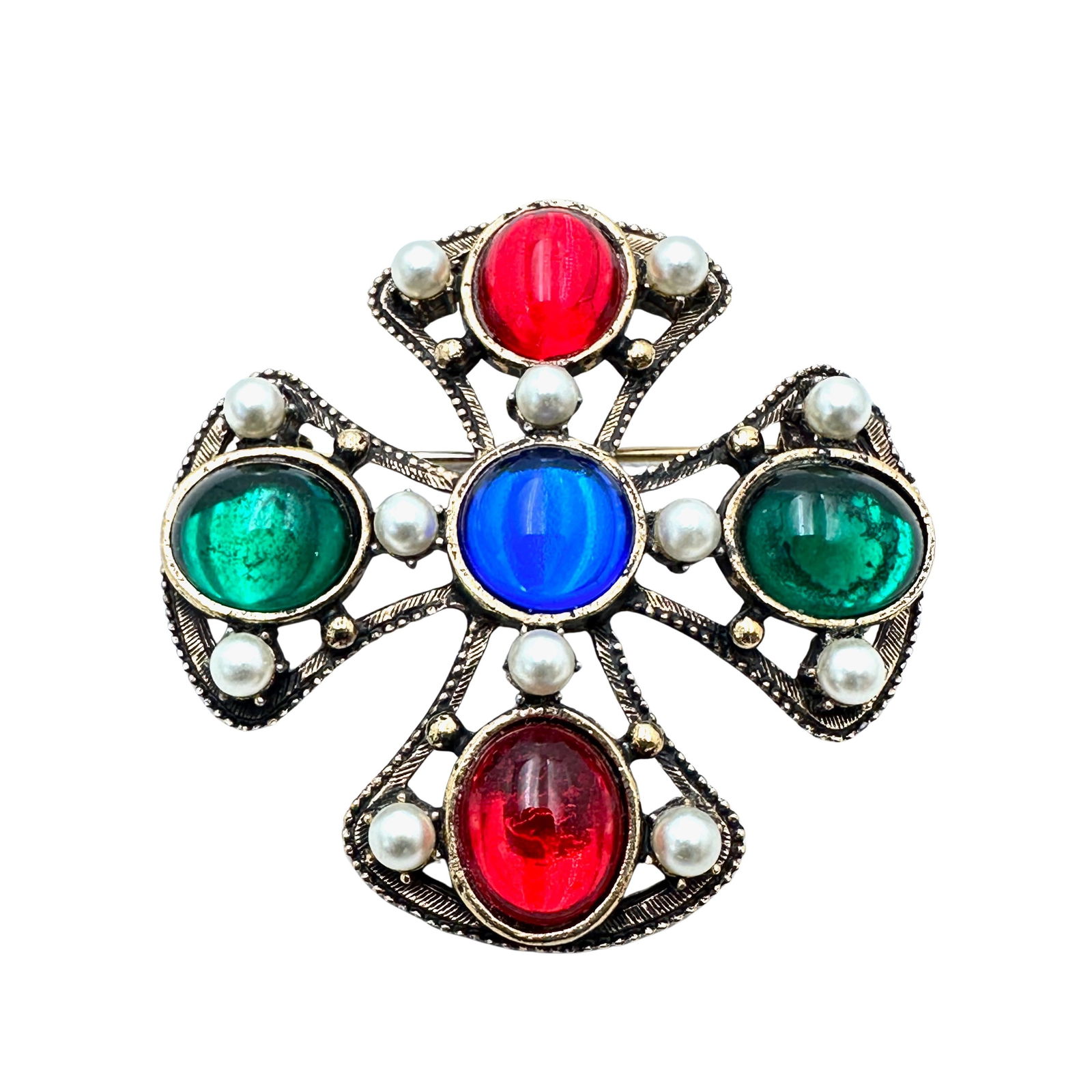 Vintage Jewel Tone Cabochon Faux Pearl Gold Tone Brooch Pin 2 Inch: Vintage Jewel Tone Cabochon Faux Pearl Gold Tone Brooch Pin 2 Inch