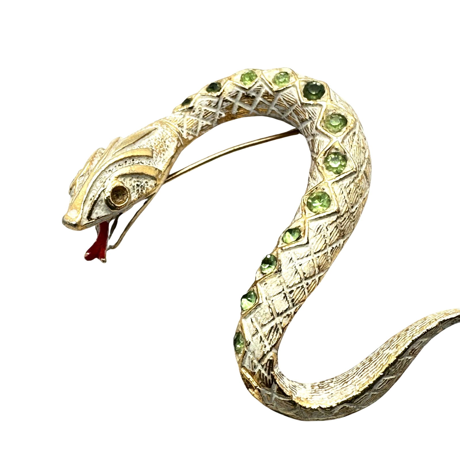 Vintage ART Arthur Pepper Green Rhinestone White Enamel Snake Brooch Pin 2.5 Inch: Vintage ART Arthur Pepper Green Rhinestone White Enamel Snake Brooch Pin 2.5 Inch