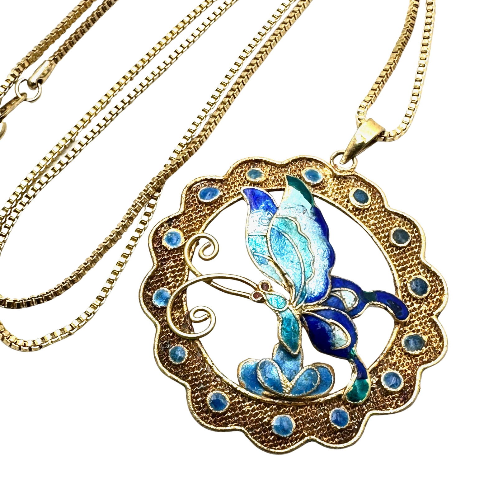 Vintage Chinese Export Enamel Butterfly Gold Plated Pendant Necklace 24 Inch Chain: Vintage Chinese Export Enamel Butterfly Gold Plated Pendant Necklace 24 Inch Chain