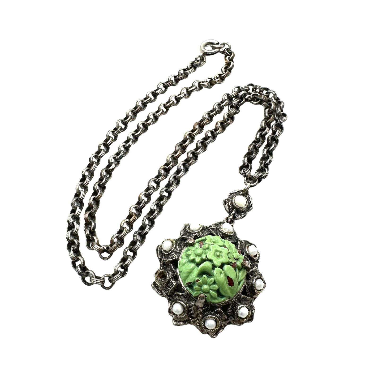 Vintage Green Celluloid Flower Pendant Silver Tone Necklace 16 Inch: Vintage Green Celluloid Flower Pendant Silver Tone Necklace 16 Inch