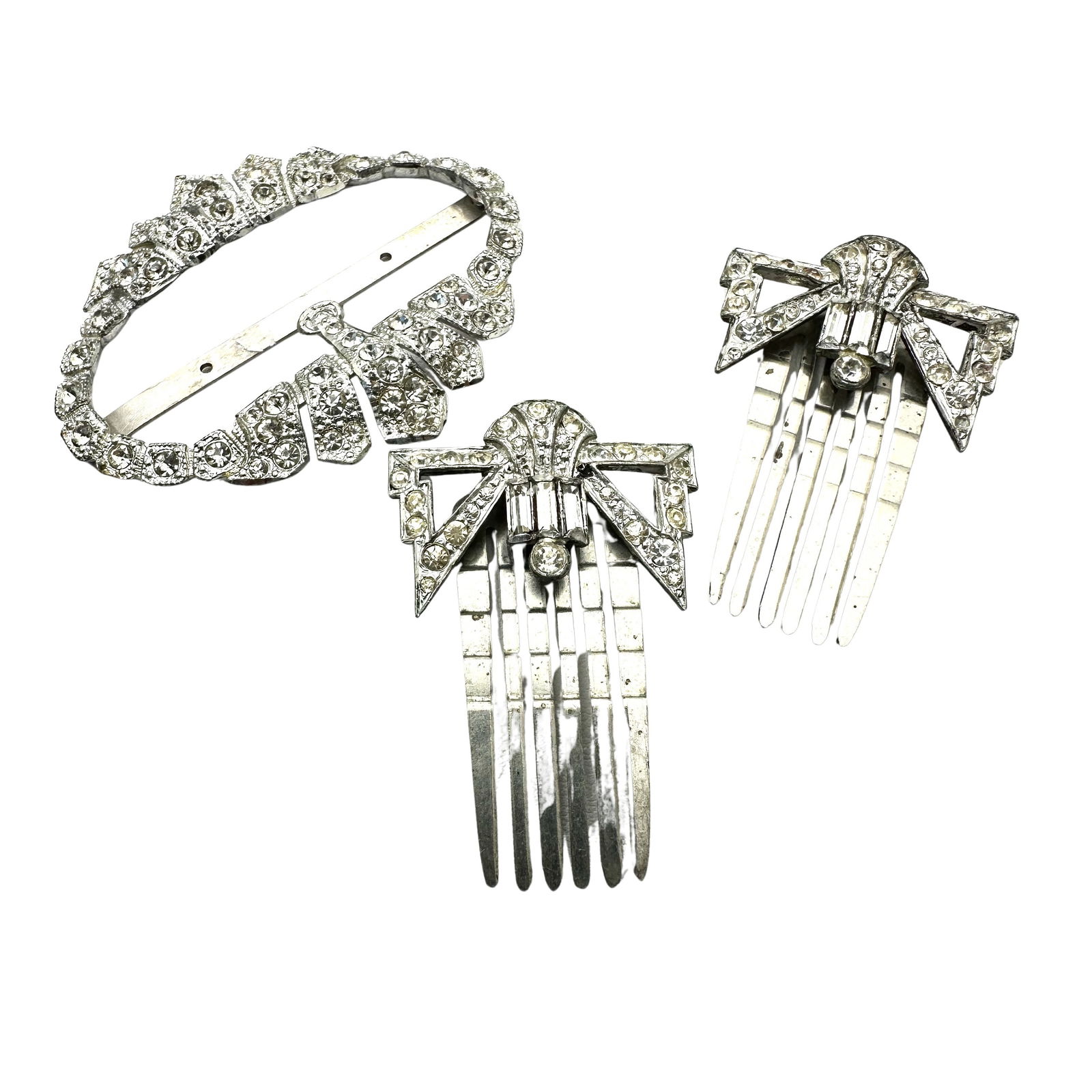 Antique Vintage Group Lot Clear Rhinestone Pot Metal Hair Adornments & Buckle (1 of 2)