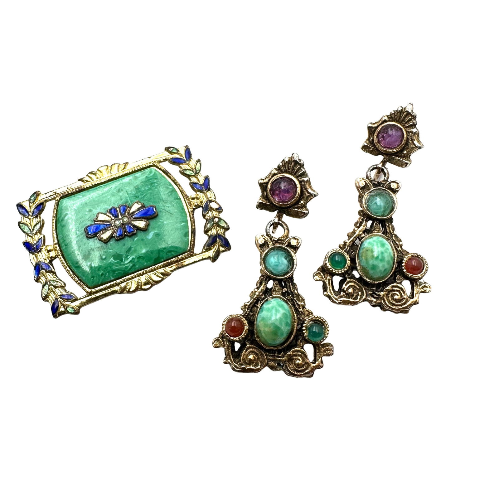 Vintage Green Peking Glass and Enamel Brooch & Coordinating Earrings: Vintage Green Peking Glass and Enamel Brooch & Coordinating Earrings