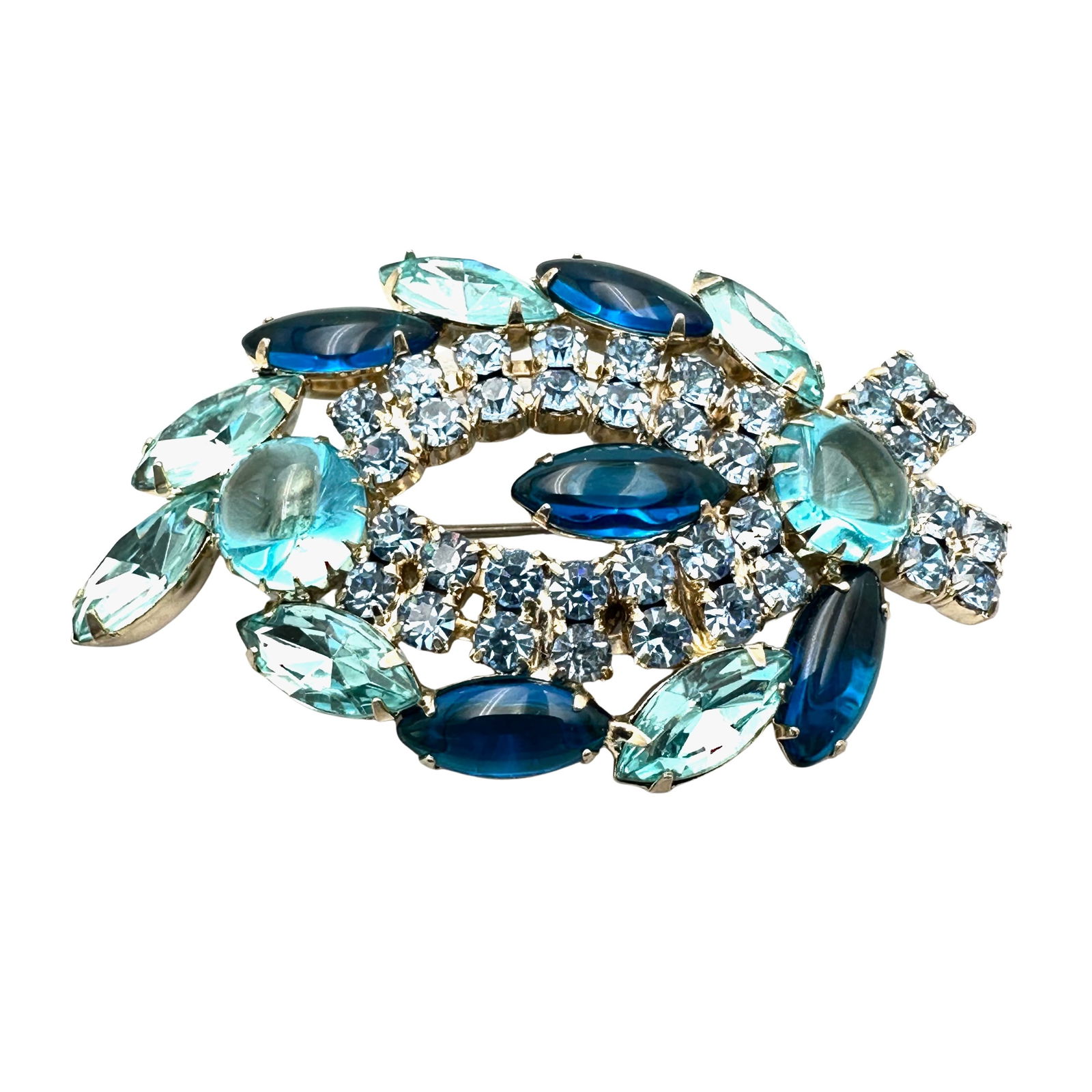 Vintage Unsigned High End Shades of Blue Glass Rhinestones Silver Tone Brooch Pin 3 Inch: Vintage Unsigned High End Shades of Blue Glass Rhinestones Silver Tone Brooch Pin 3 Inch