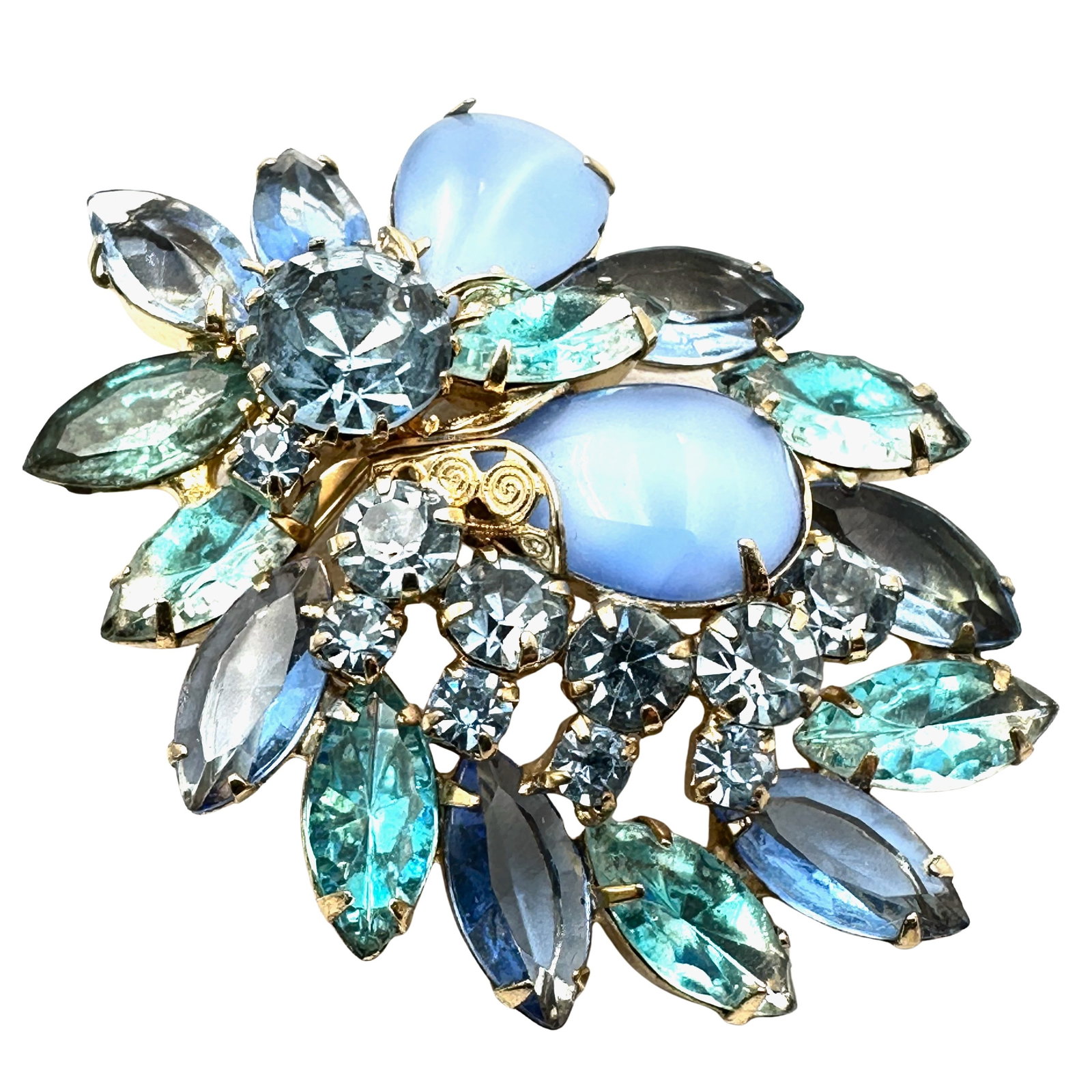 Vintage Juliana Blue Glass Rhinestone Gold Tone Brooch Pin 2.5 Inch (1 of 2)