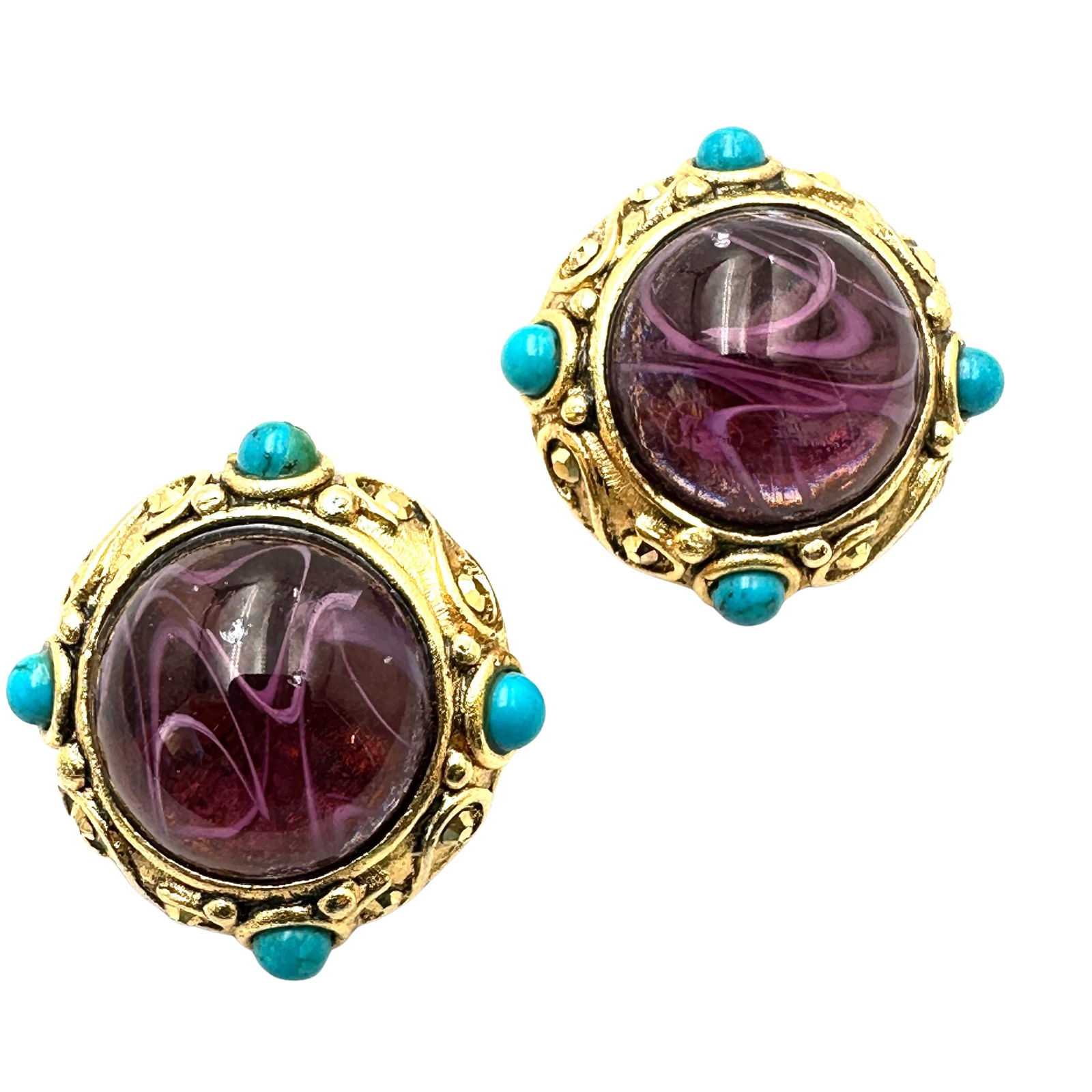 Vintage Jose Barrera Purple Glass Cabochon Faux Turquoise Matte Gold Tone Clip Earrings: Vintage Jose Barrera Purple Glass Cabochon Faux Turquoise Matte Gold Tone Clip Earrings