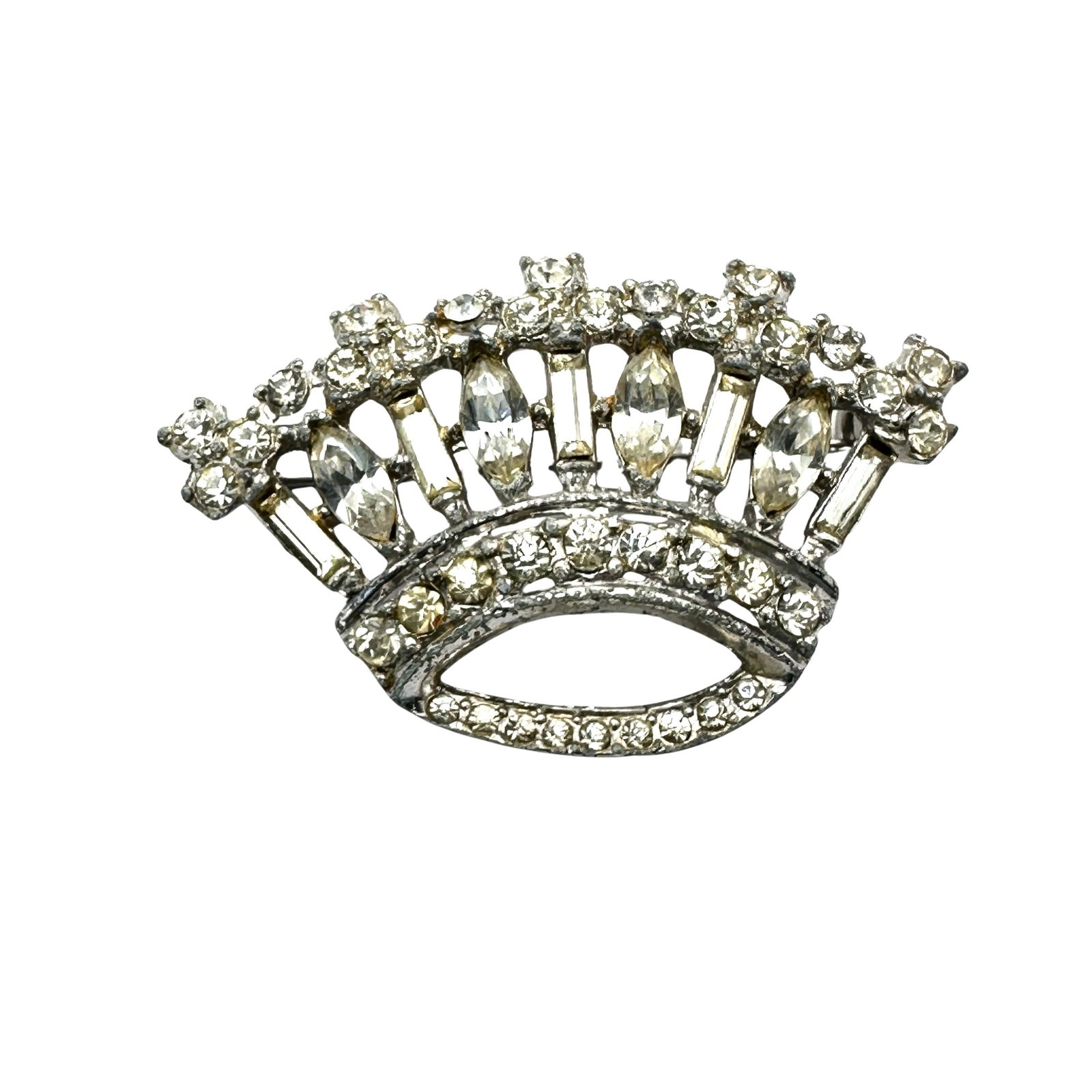 Vintage Clear Glass Rhinestone Silver Tone Crown Brooch Pin 2 Inch (1 of 2)