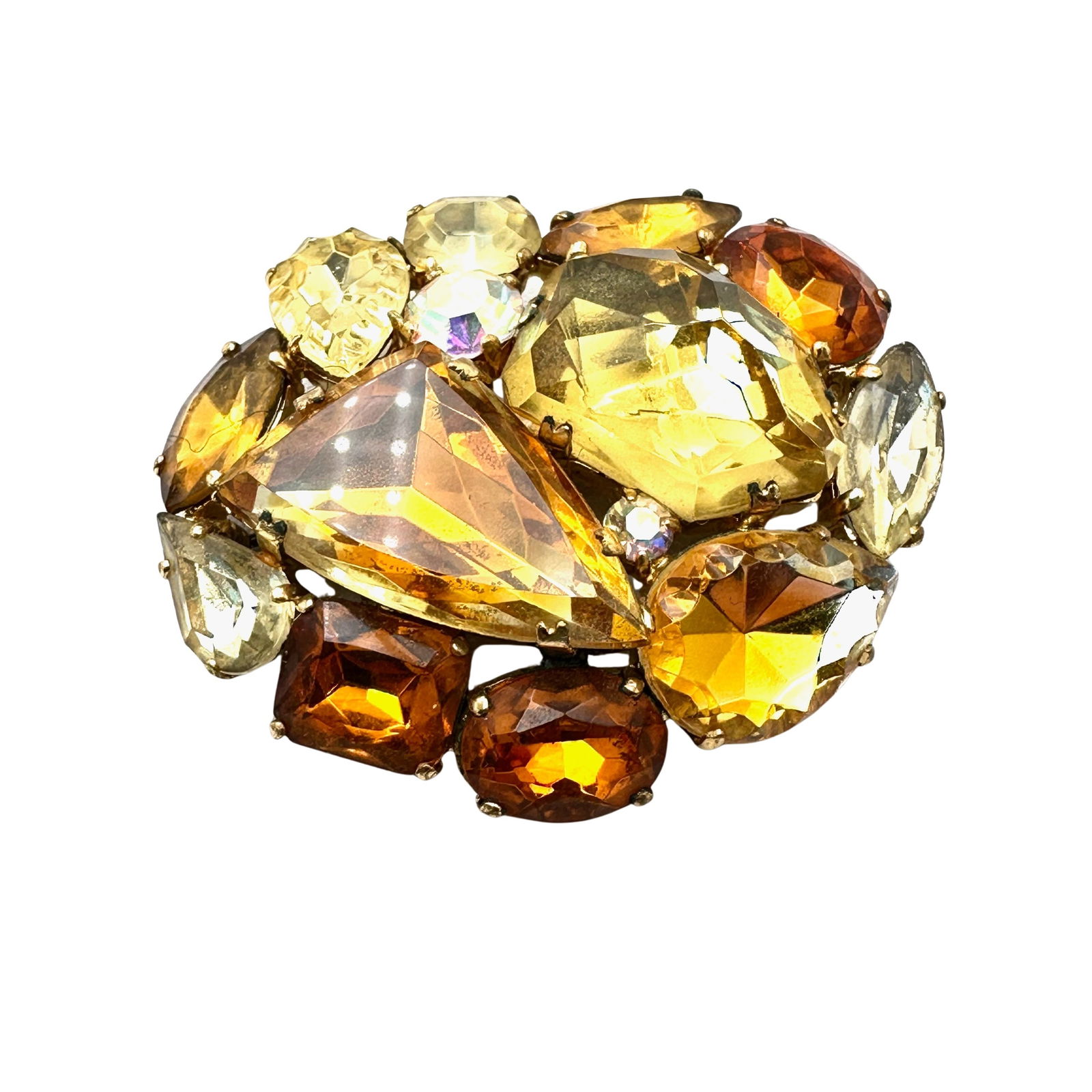 Vintage West Germany Amber Yellow Gire Glass Rhinestone Gold tone Brooch Pin 2.25 Inch: Vintage West Germany Amber Yellow Gire Glass Rhinestone Gold tone Brooch Pin 2.25 Inch