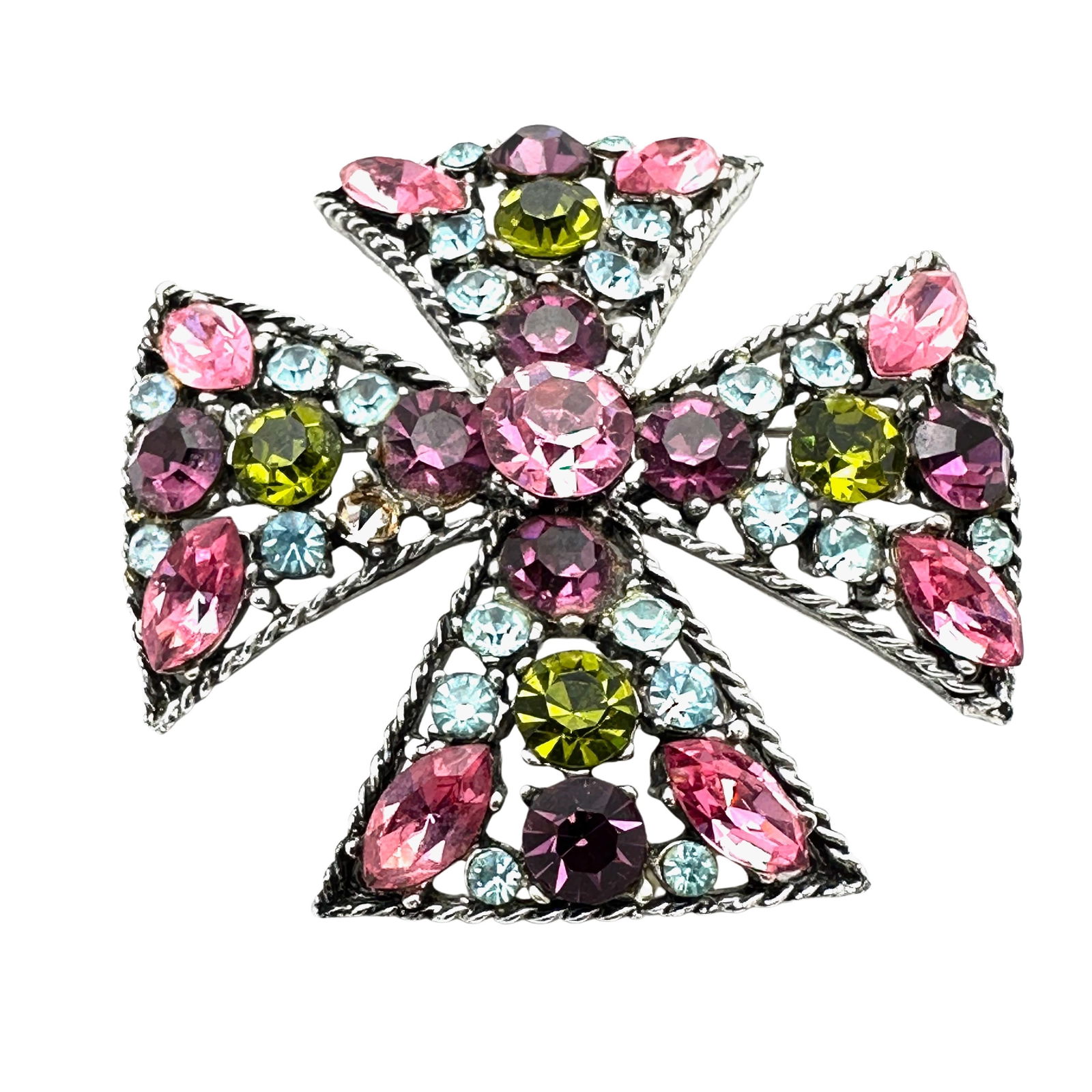 Vintage Multicolor Glass Rhinestone Maltese Cross Silver Tone Pendant Brooch Pin 2.5 Inch: Vintage Multicolor Glass Rhinestone Maltese Cross Silver Tone Pendant Brooch Pin 2.5 Inch