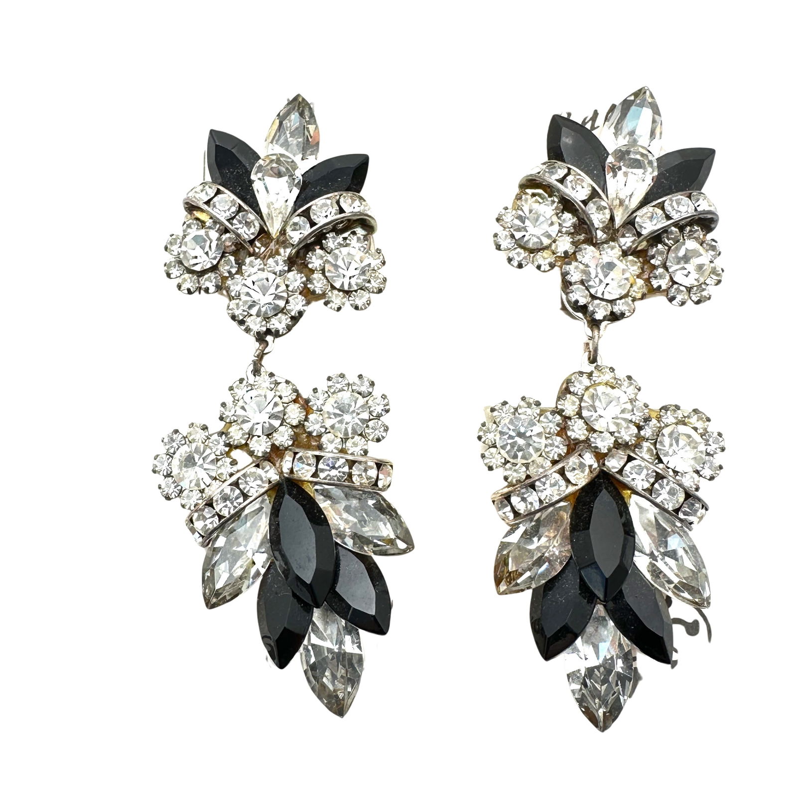 Vintage Clear Black Austrian Crystal Silver Tone Clip 3 Inch Earrings Original Card: Vintage Clear Black Austrian Crystal Silver Tone Clip 3 Inch Earrings Original Card