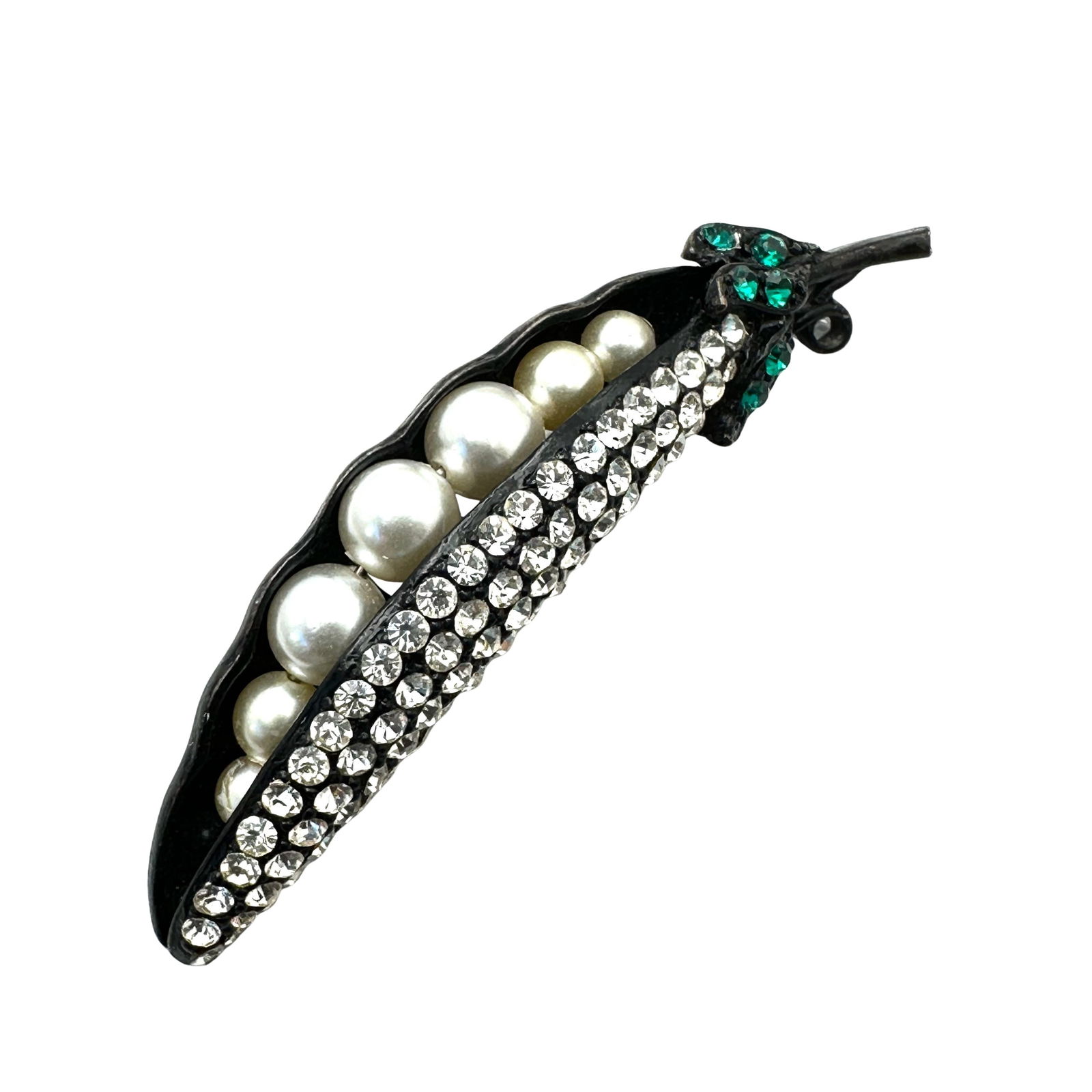Vintage Weiss Rhinestone Faux Pearl Pea Pod Black Japanned Pin Brooch 3 Inch (1 of 2)