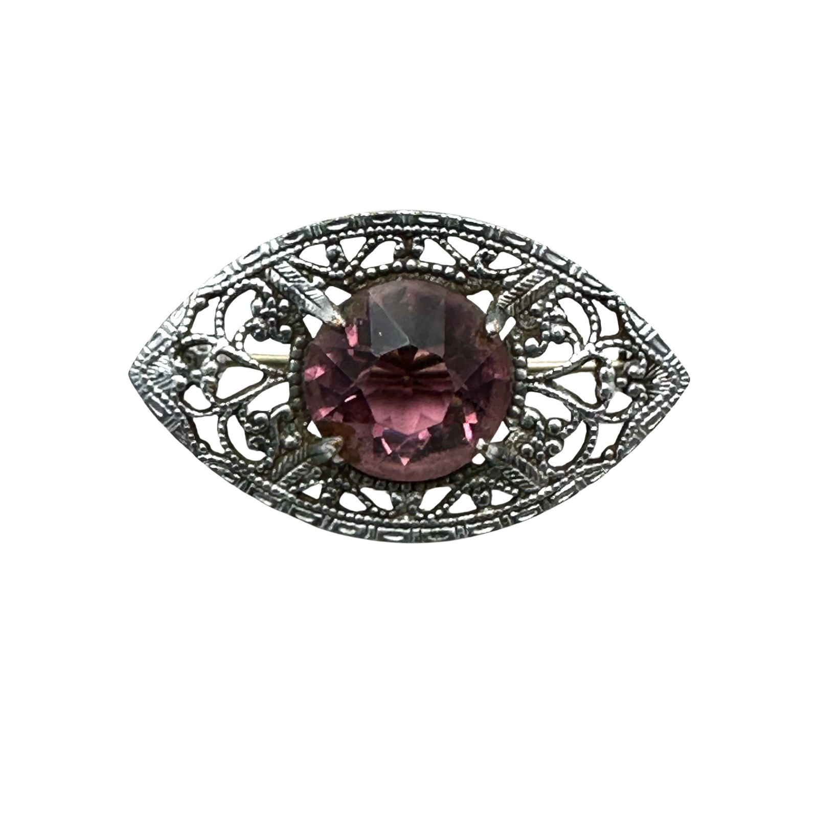 Antique Purple Glass Stone Silver Filigree Brooch Pin 1.25 Inch: Antique Purple Glass Stone Silver Filigree Brooch Pin 1.25 Inch