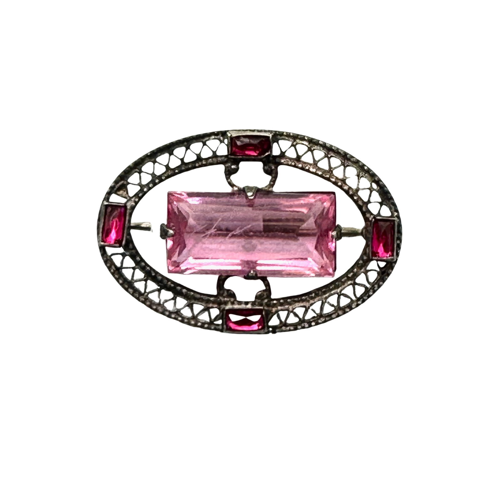 Antique Pink Glass Stone Silver Filigree Brooch Pin 1.25 Inch: Antique Pink Glass Stone Silver Filigree Brooch Pin 1.25 Inch