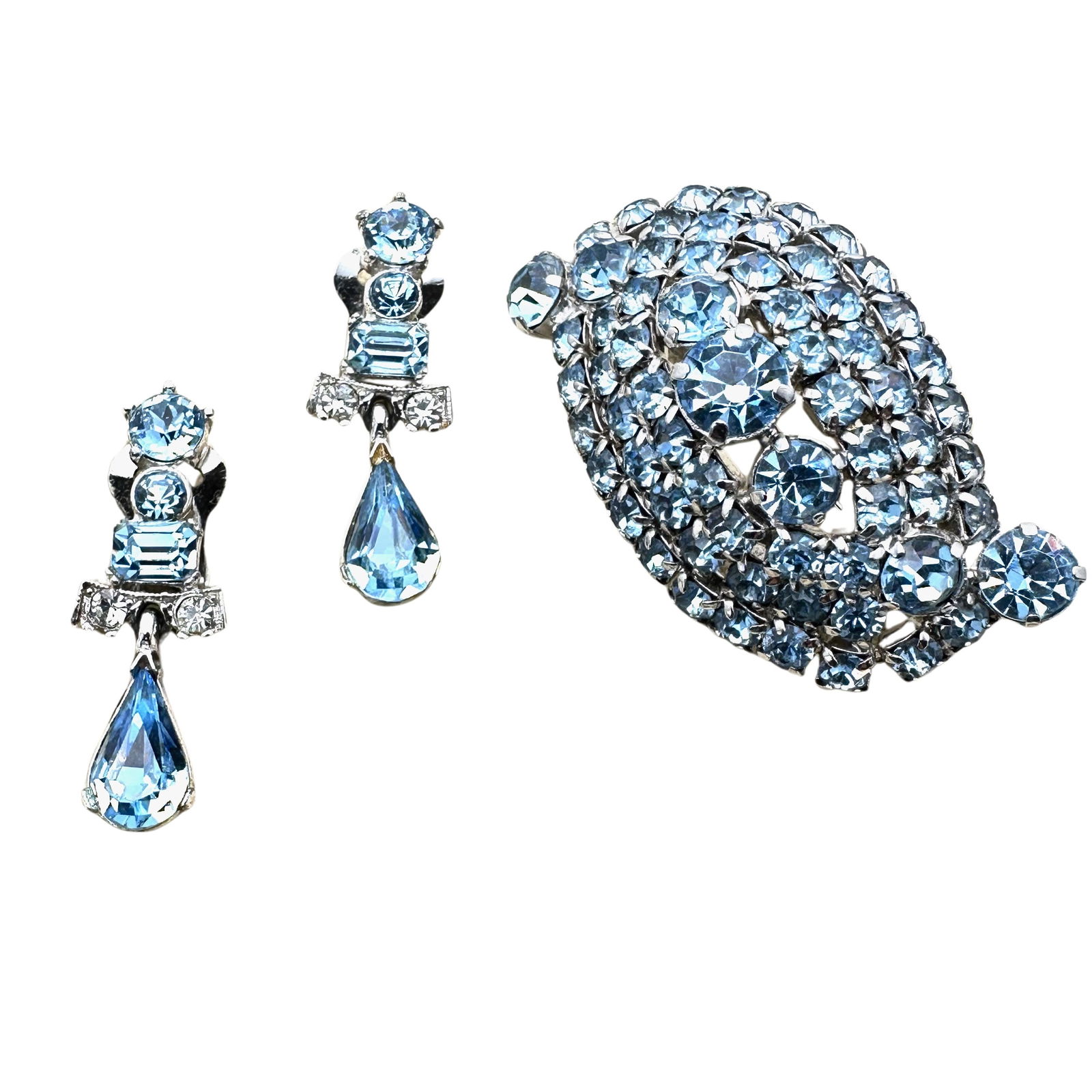 Vintage Bogoff Blue Glass Rhinestone Silver Tone Brooch Pin & Clip Earrings Set (1 of 2)