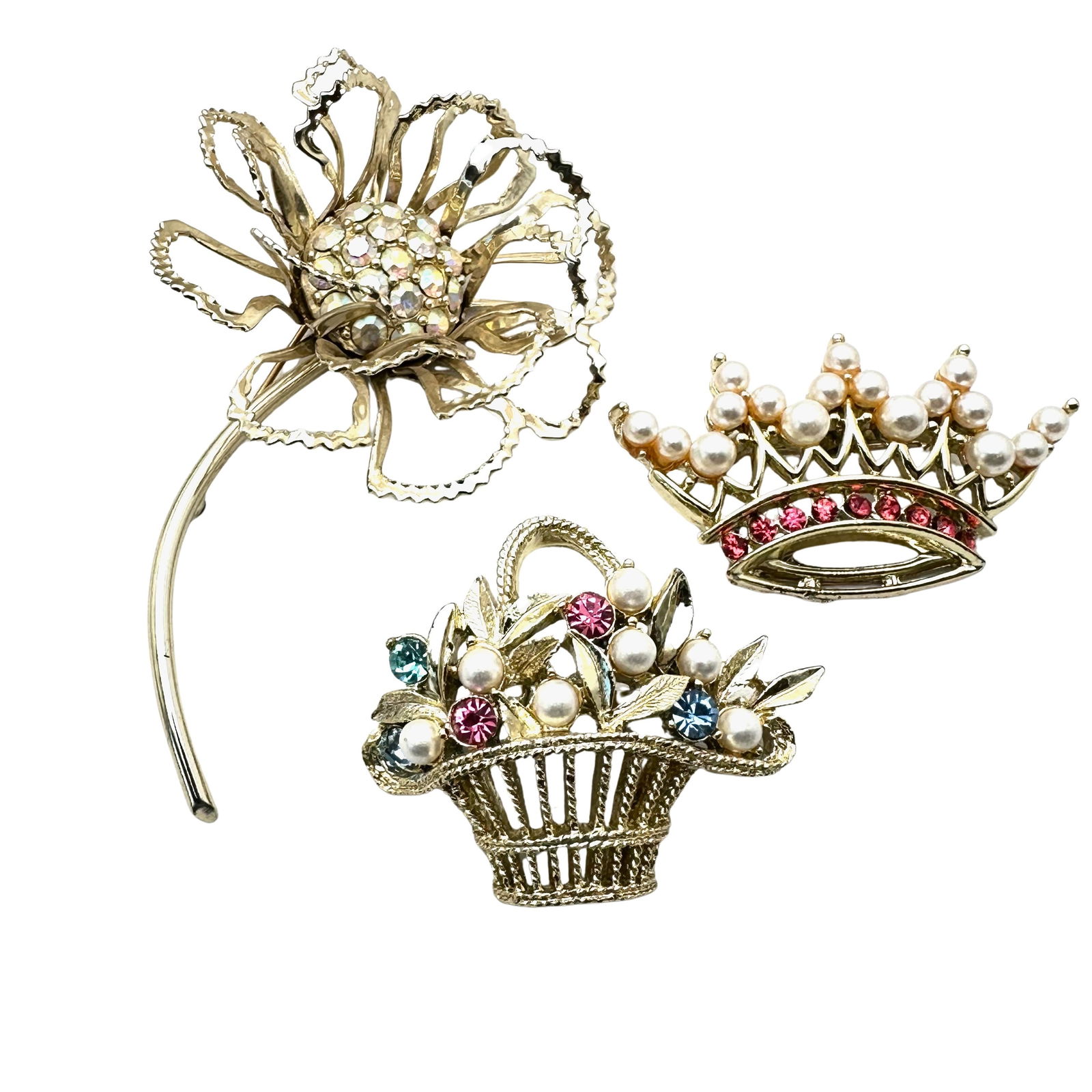 Vintage Group Lot of Rhinestone Brooches Pins Flower Crown & Flower Basket Gold Tone (1 of 2)