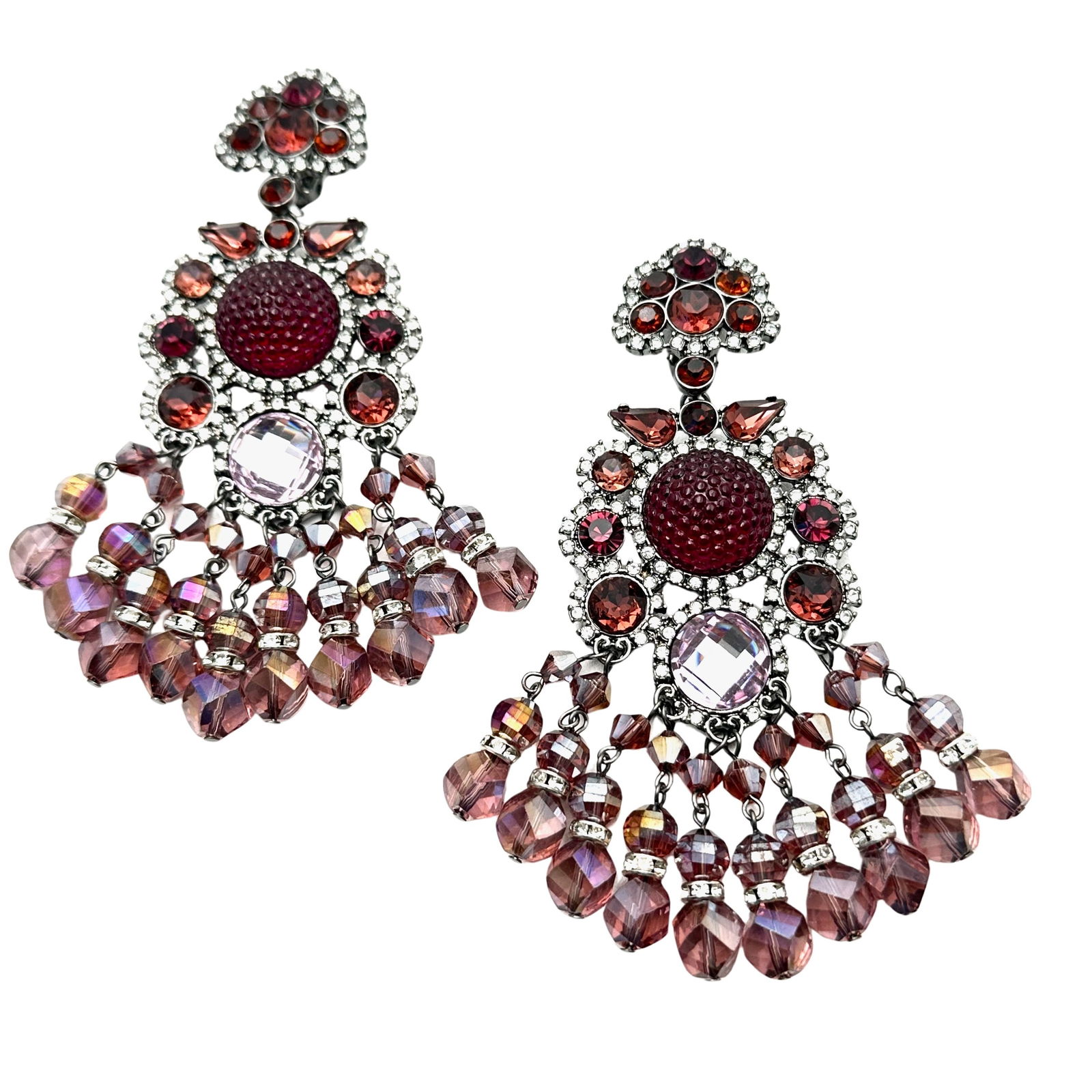 Large Purple Glass Crystal Silver Statement Clip Earrings 4 Inch Length (1 of 2)