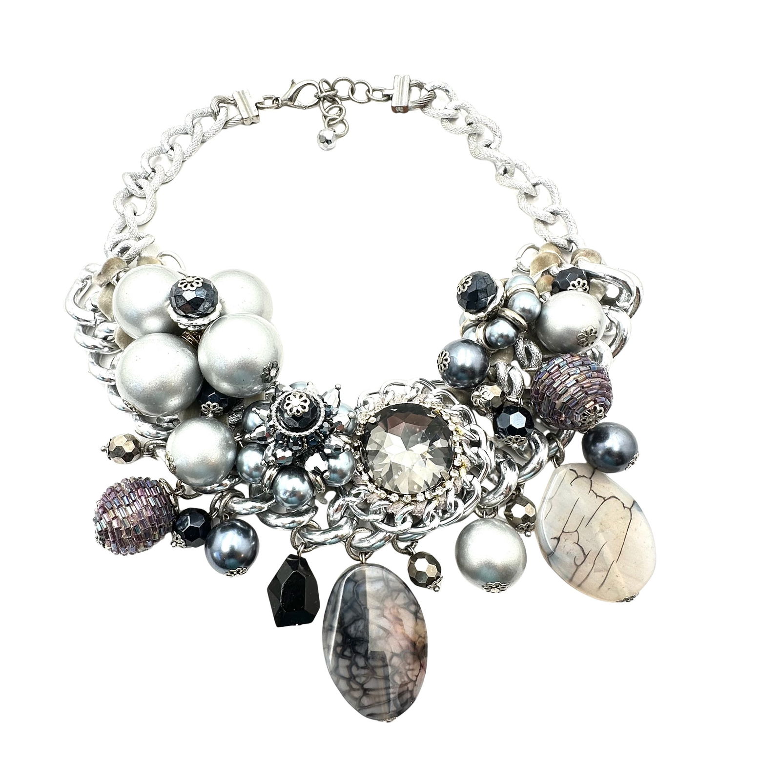 Large Silver Tone Statement Necklace Gemstone Grey Black Charm Bib 16 to 18 Inch (1 of 2)