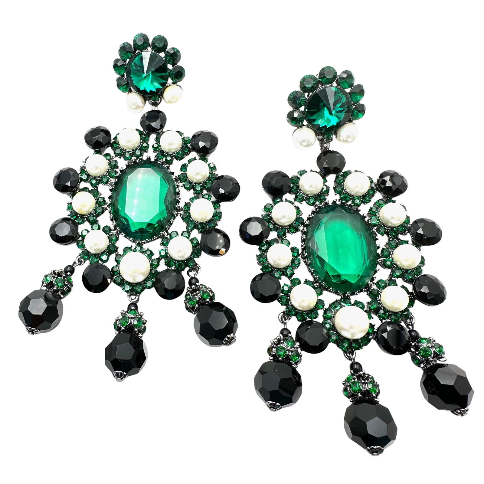 Large Green Black Crystal Faux Pearl Silver Tone Clip Statement Earrings 5 Inch Length (1 of 2)