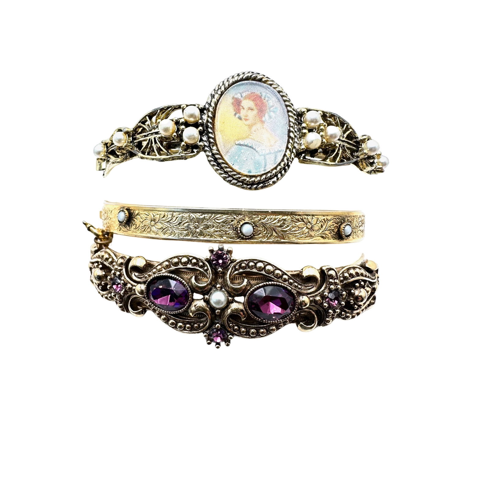 Jewelry Group Lot Bracelets Vintage Purple Rhinestone Portrait Faux Pearl All Gold Tone Hinged: Jewelry Group Lot Bracelets Vintage Purple Rhinestone Portrait Faux Pearl All Gold Tone Hinged Bangles