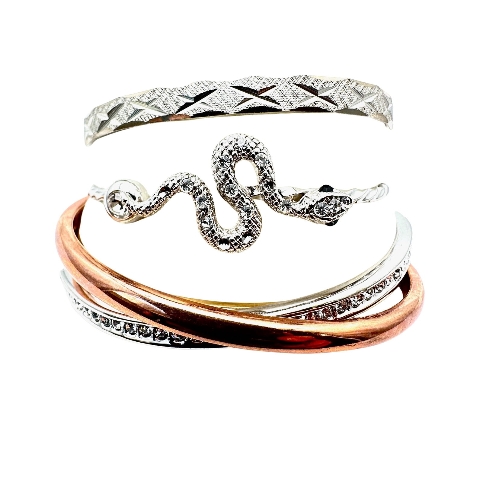 Jewelry Group Lot Bracelets Gold Silver & Rose Gold Tone Snake With Clear Crystals: Jewelry Group Lot Bracelets Gold Silver & Rose Gold Tone Snake With Clear Crystals