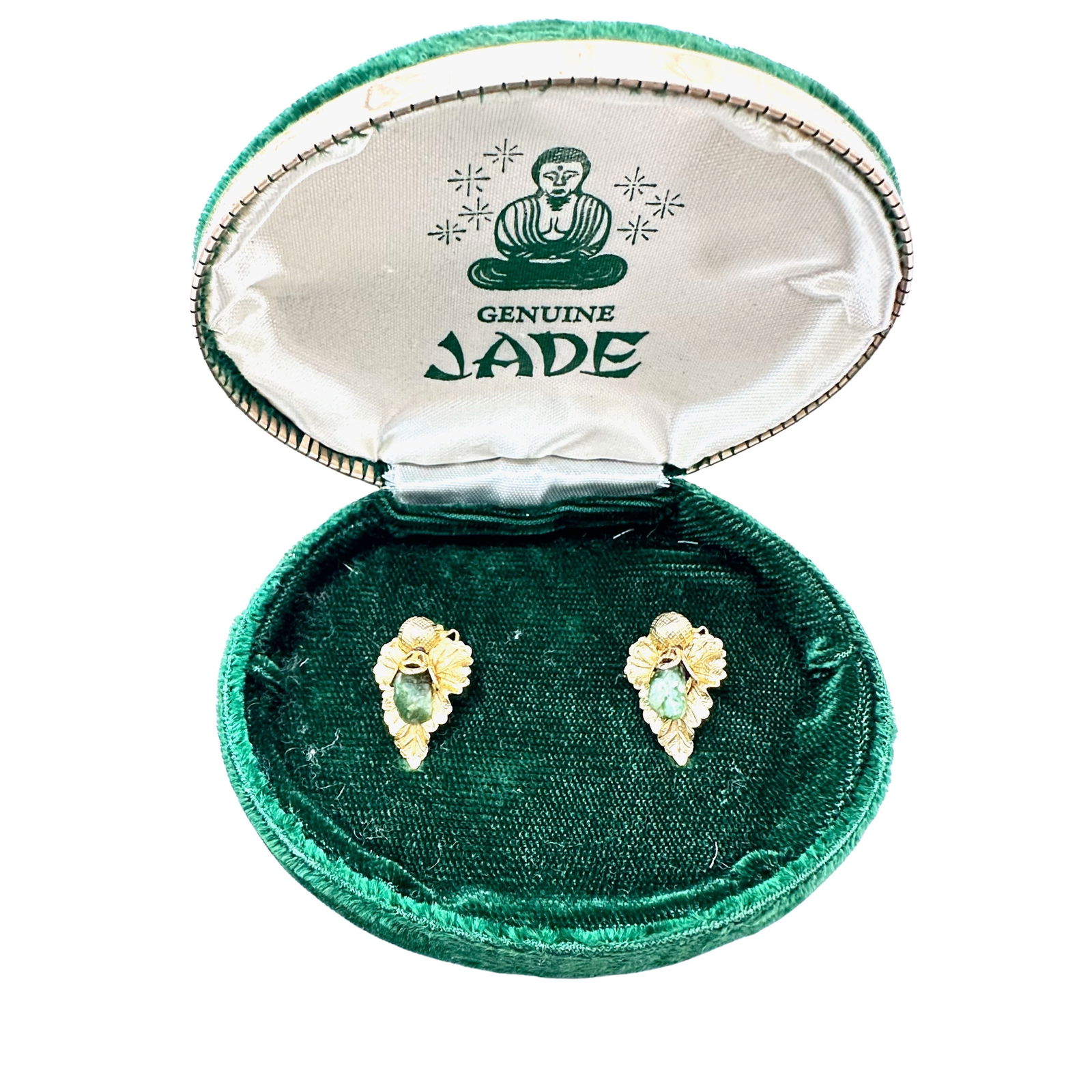 Vintage Genuine Jade Gold Tone Clip Earrings In Original Velvet Box: Vintage Genuine Jade Gold Tone Clip Earrings In Original Velvet Box