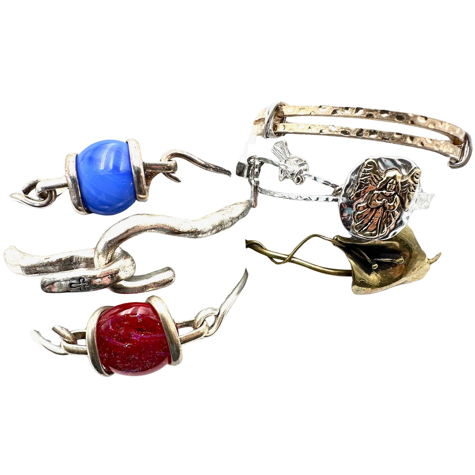 Jewelry Group Lot Bracelets Silver Tone Red Blue Art Glass Angel Charm Hammered Look (1 of 2)