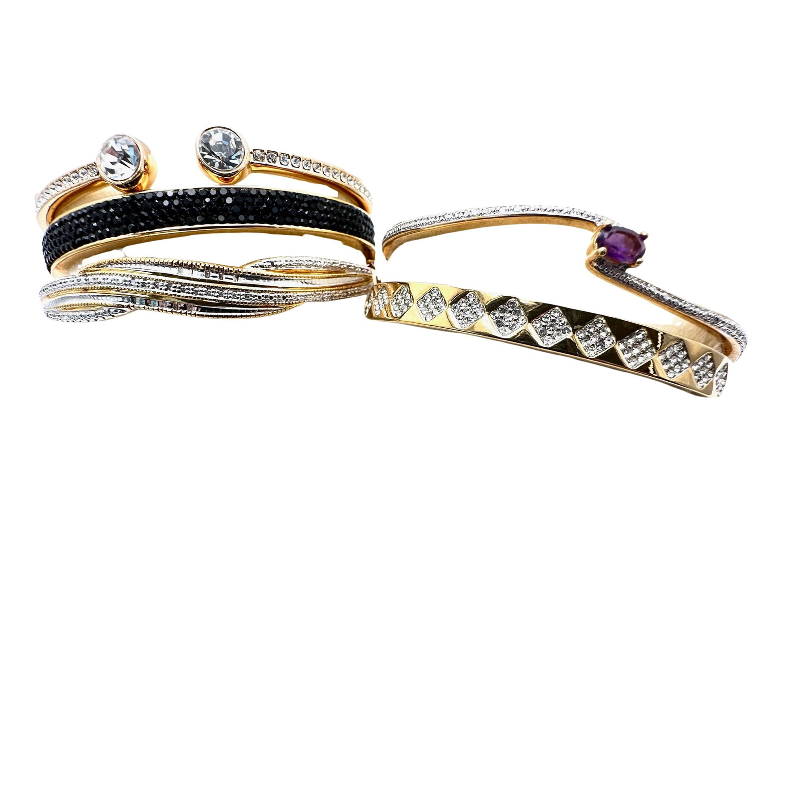 Jewelry Group Lot Bracelets Gold Tone Hinged Bangles Cuffs Clear & Black Crystal: Jewelry Group Lot Bracelets Gold Tone Hinged Bangles Cuffs Clear & Black Crystal