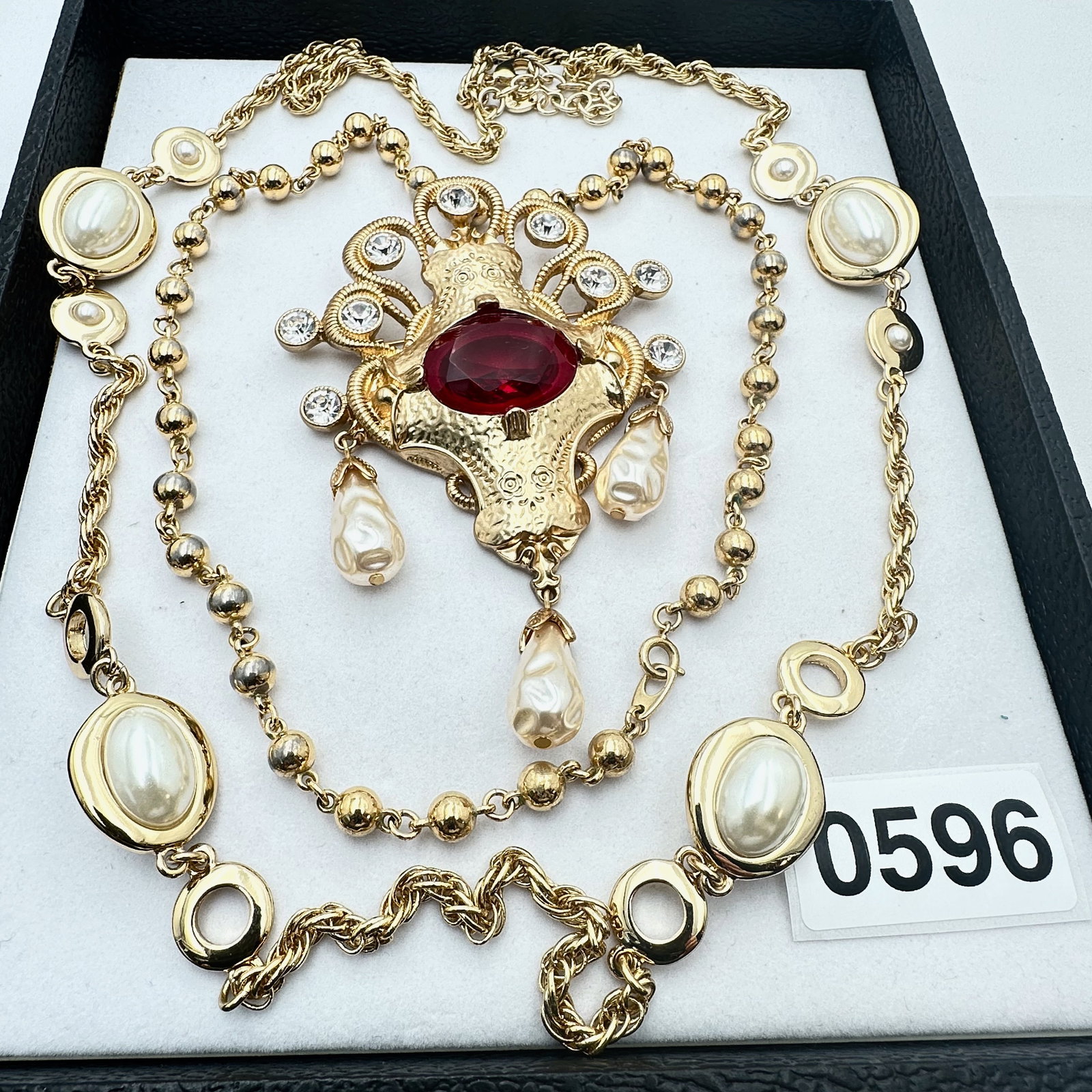 Vintage Jewelry Group Lot Gold Tone Faux Pearl Station Necklace Large Red Glass Stone Brooch Pin: Vintage Jewelry Group Lot Gold Tone Faux Pearl Station Necklace Large Red Glass Stone Brooch Pin