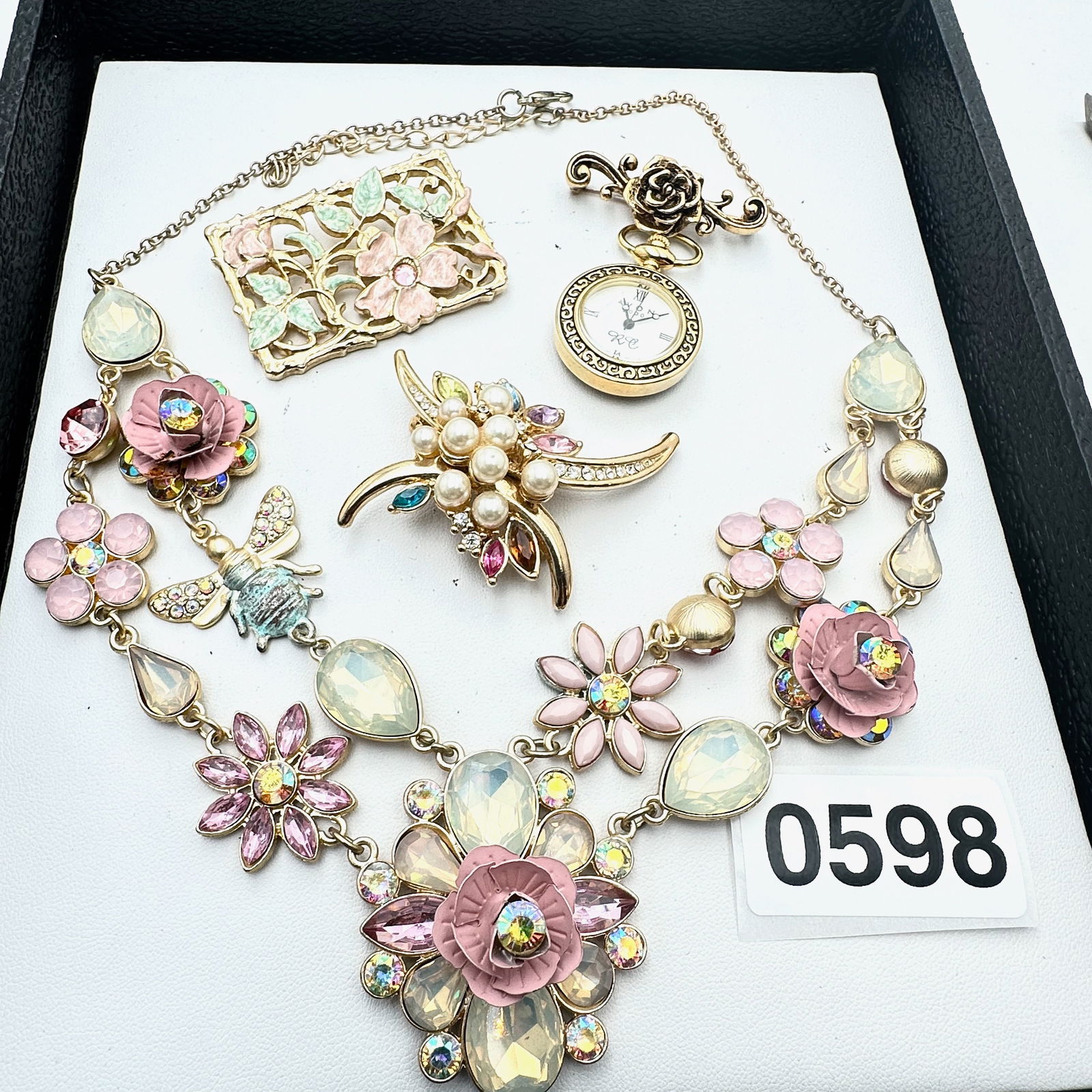 Vintage Jewelry Group Lot Vintage Brooches Faux Pocket Watch Enamel Flowers Bee Statement Necklace (1 of 2)