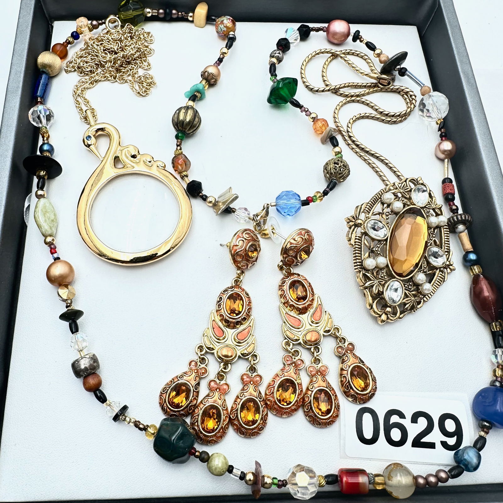 Vintage Jewelry Group Lot Amber Colored Glass Earrings Magnifying Glass Scan Necklace Glass Beads (1 of 2)