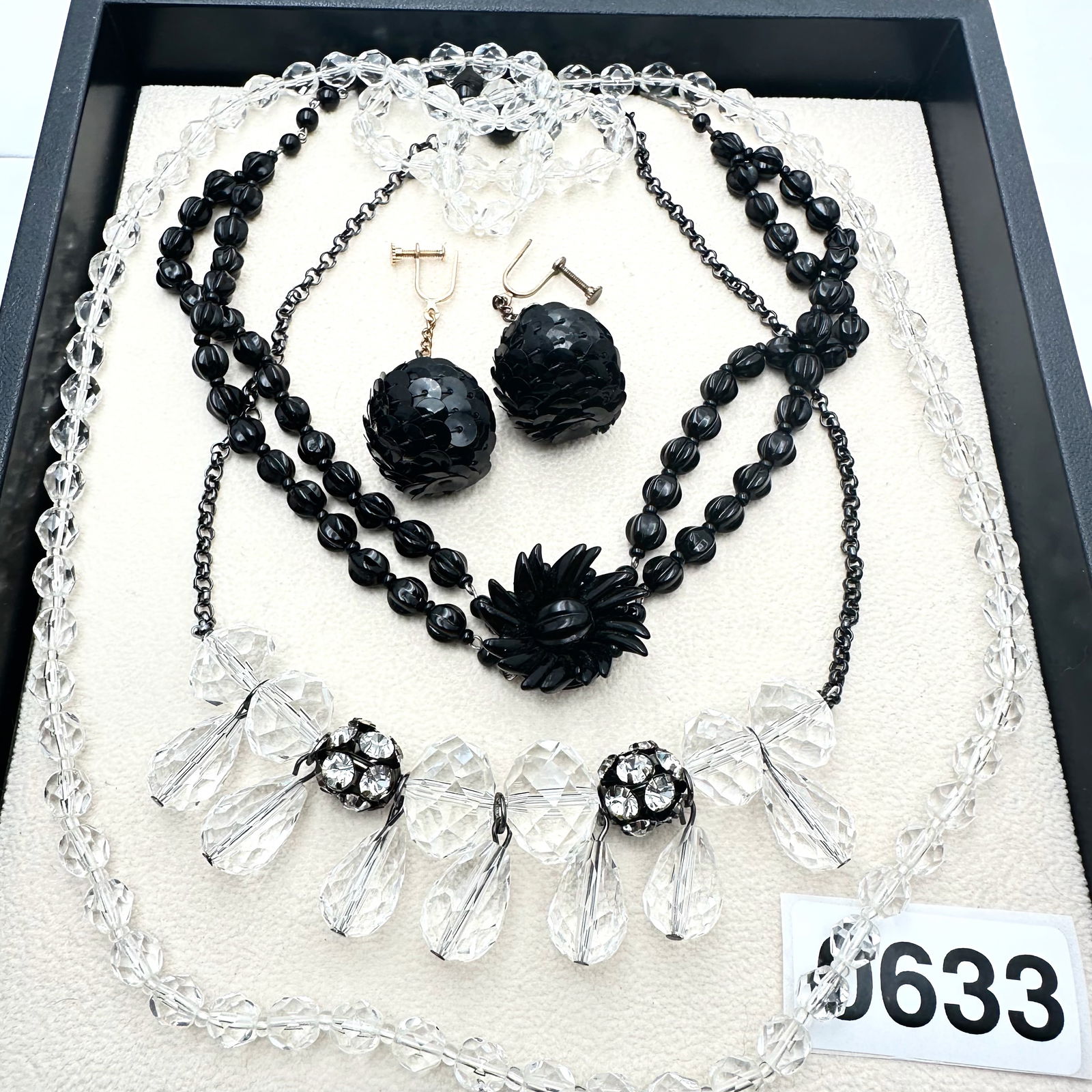 Vintage Jewelry Group Lot Clear and Black Glass Bead Necklaces Sequin Earrings: Vintage Jewelry Group Lot Clear and Black Glass Bead Necklaces Sequin Earrings